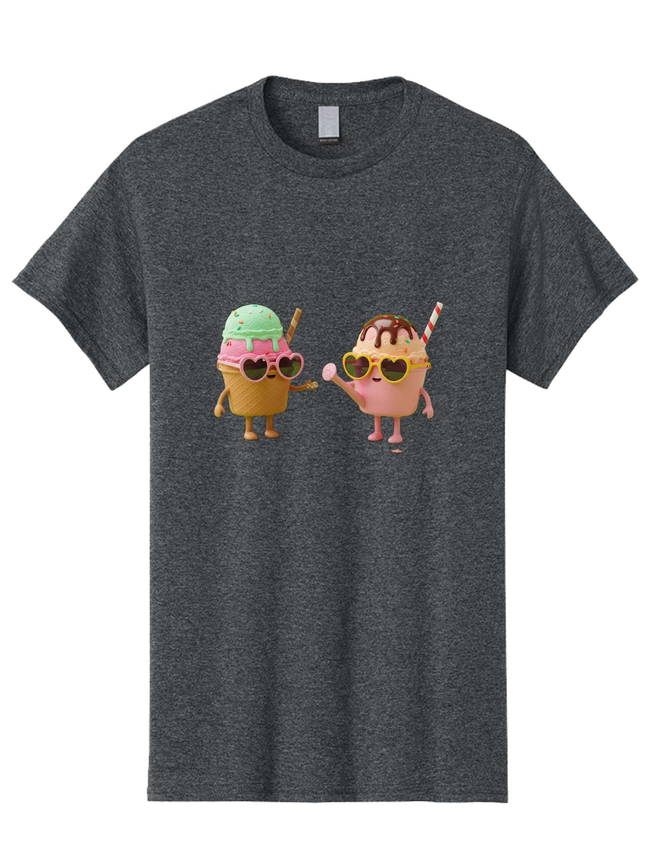 Ice-Cream-Cone-And-Cup Men'S Graphic Tee, 100% Cotton, Comfortable Casual Summer Wear, Machine Washable, Ice Cream Cone Character, Ice Cream Bowl Character, Heart-Shaped Sunglasses, Pastel Colors, Fun Illustration, Sweet Treats, Baa871 8