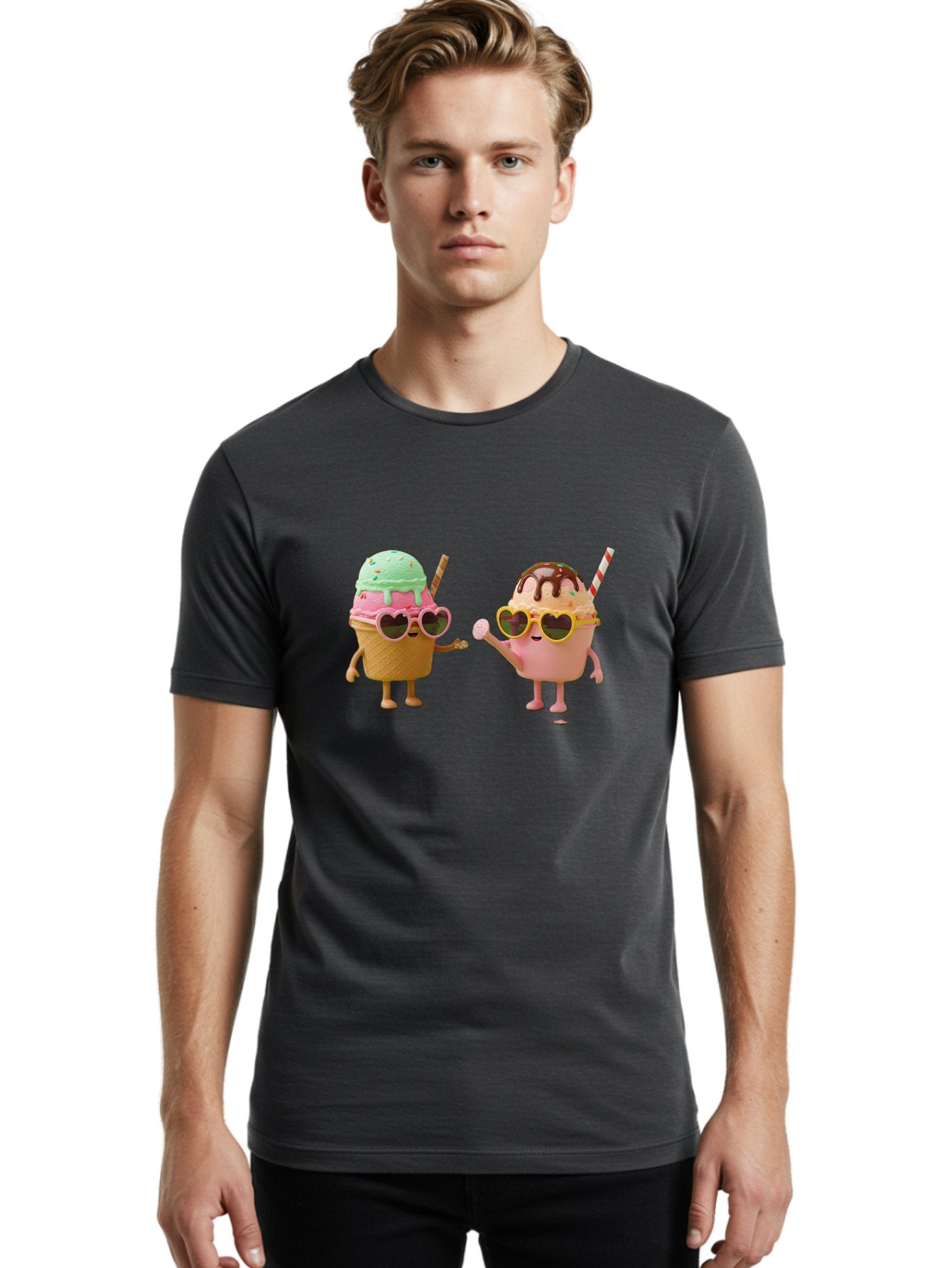 Ice-Cream-Cone-And-Cup Men'S Graphic Tee, 100% Cotton, Comfortable Casual Summer Wear, Machine Washable, Ice Cream Cone Character, Ice Cream Bowl Character, Heart-Shaped Sunglasses, Pastel Colors, Fun Illustration, Sweet Treats, Baa871 25