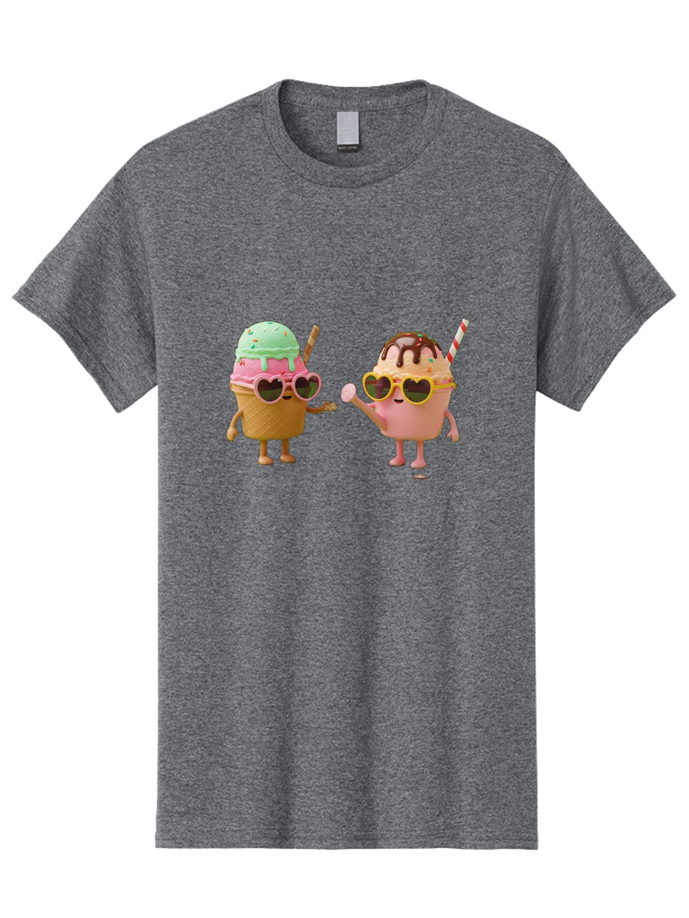 Ice-Cream-Cone-And-Cup Men'S Graphic Tee, 100% Cotton, Comfortable Casual Summer Wear, Machine Washable, Ice Cream Cone Character, Ice Cream Bowl Character, Heart-Shaped Sunglasses, Pastel Colors, Fun Illustration, Sweet Treats, Baa871 11