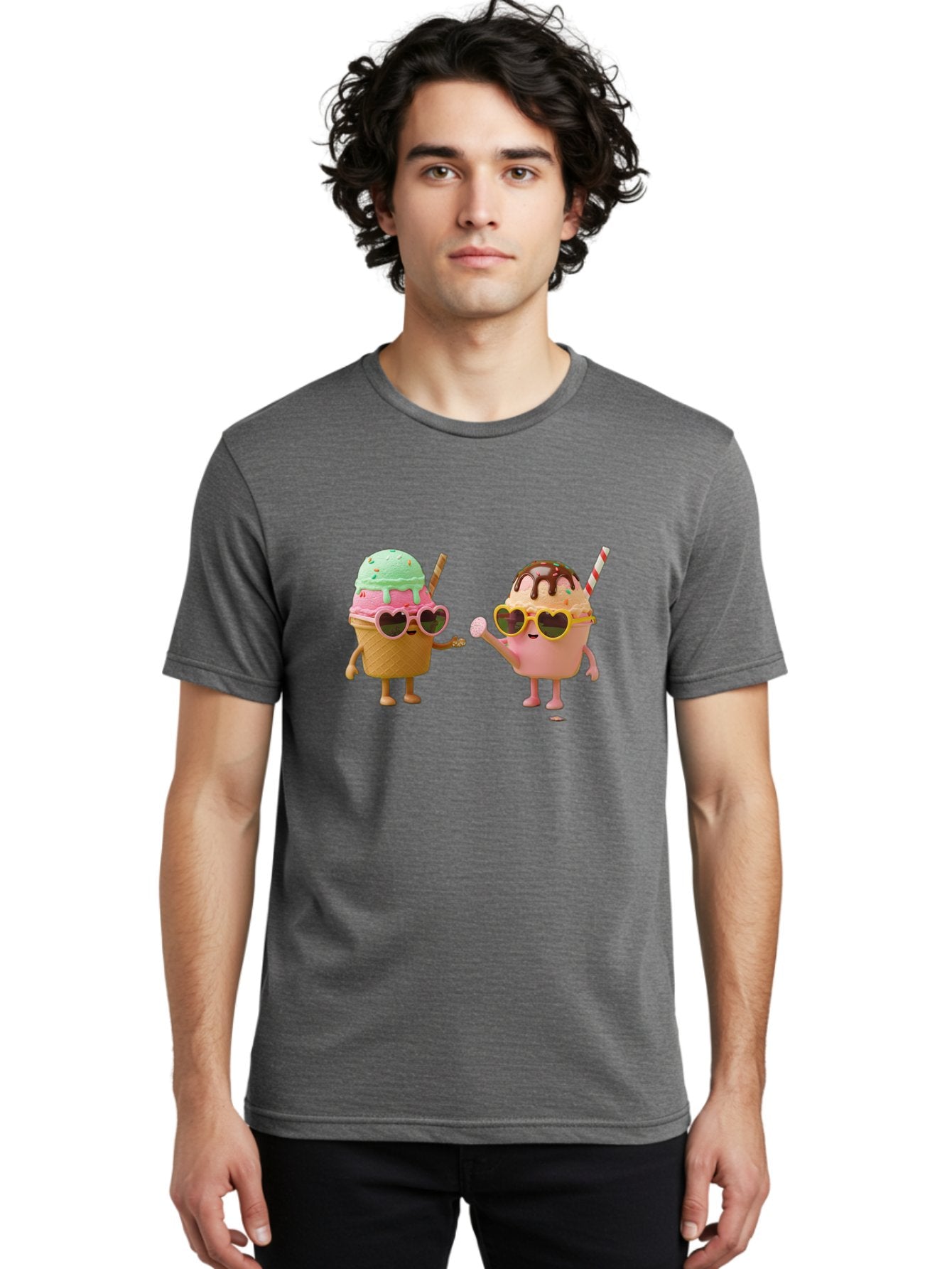 Ice-Cream-Cone-And-Cup Men'S Graphic Tee, 100% Cotton, Comfortable Casual Summer Wear, Machine Washable, Ice Cream Cone Character, Ice Cream Bowl Character, Heart-Shaped Sunglasses, Pastel Colors, Fun Illustration, Sweet Treats, Baa871 27