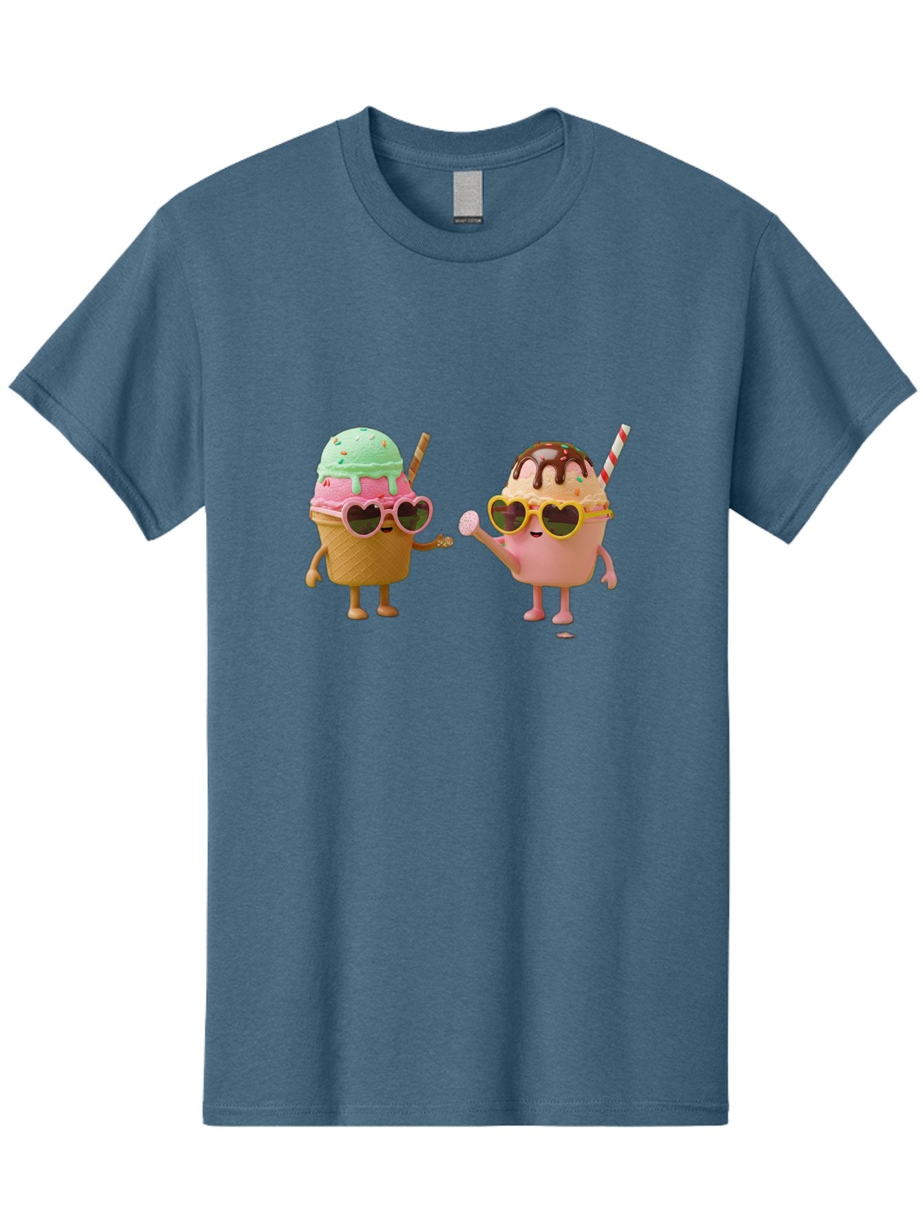 Ice-Cream-Cone-And-Cup Men'S Graphic Tee, 100% Cotton, Comfortable Casual Summer Wear, Machine Washable, Ice Cream Cone Character, Ice Cream Bowl Character, Heart-Shaped Sunglasses, Pastel Colors, Fun Illustration, Sweet Treats, Baa871