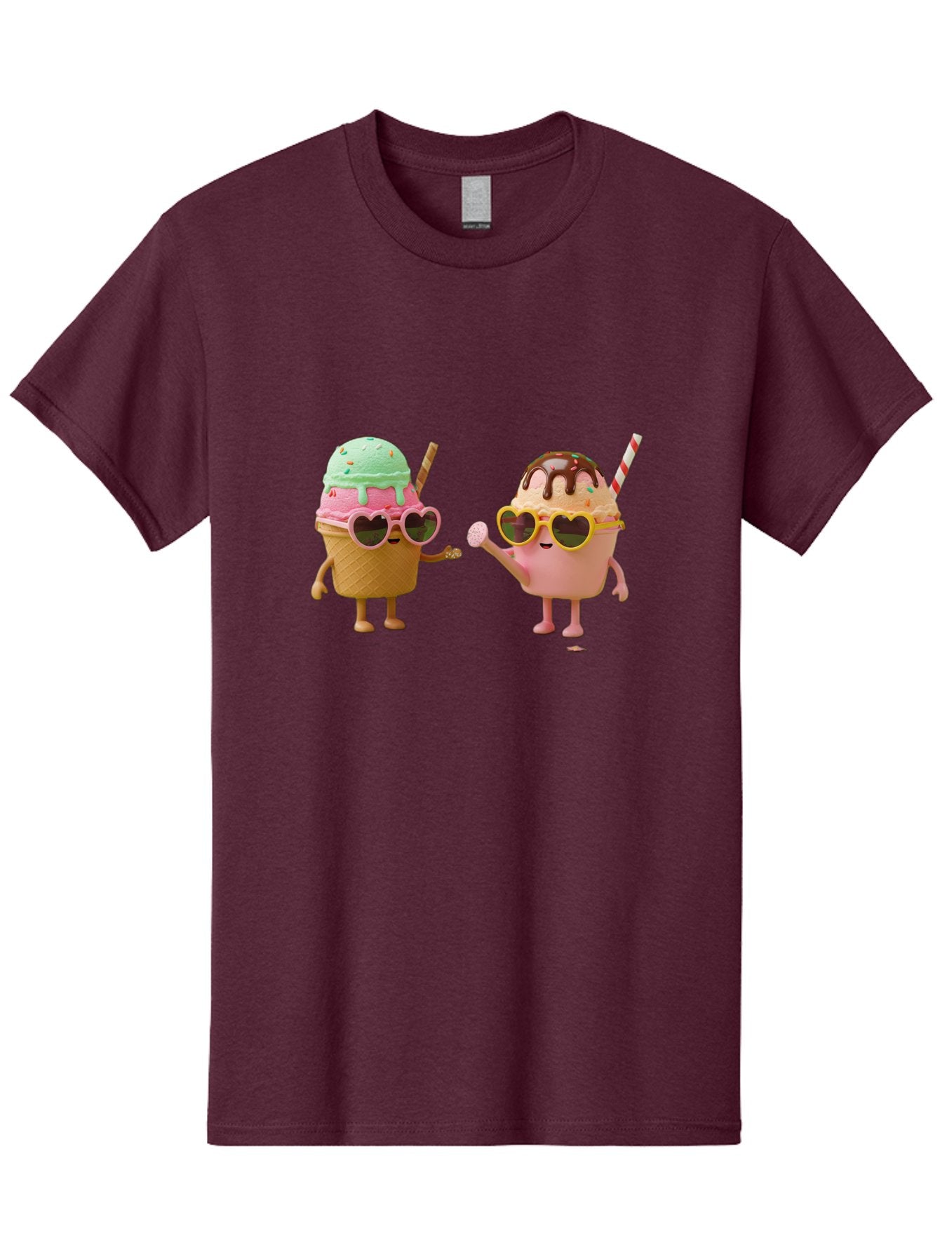 Ice-Cream-Cone-And-Cup Men'S Graphic Tee, 100% Cotton, Comfortable Casual Summer Wear, Machine Washable, Ice Cream Cone Character, Ice Cream Bowl Character, Heart-Shaped Sunglasses, Pastel Colors, Fun Illustration, Sweet Treats, Baa871 5