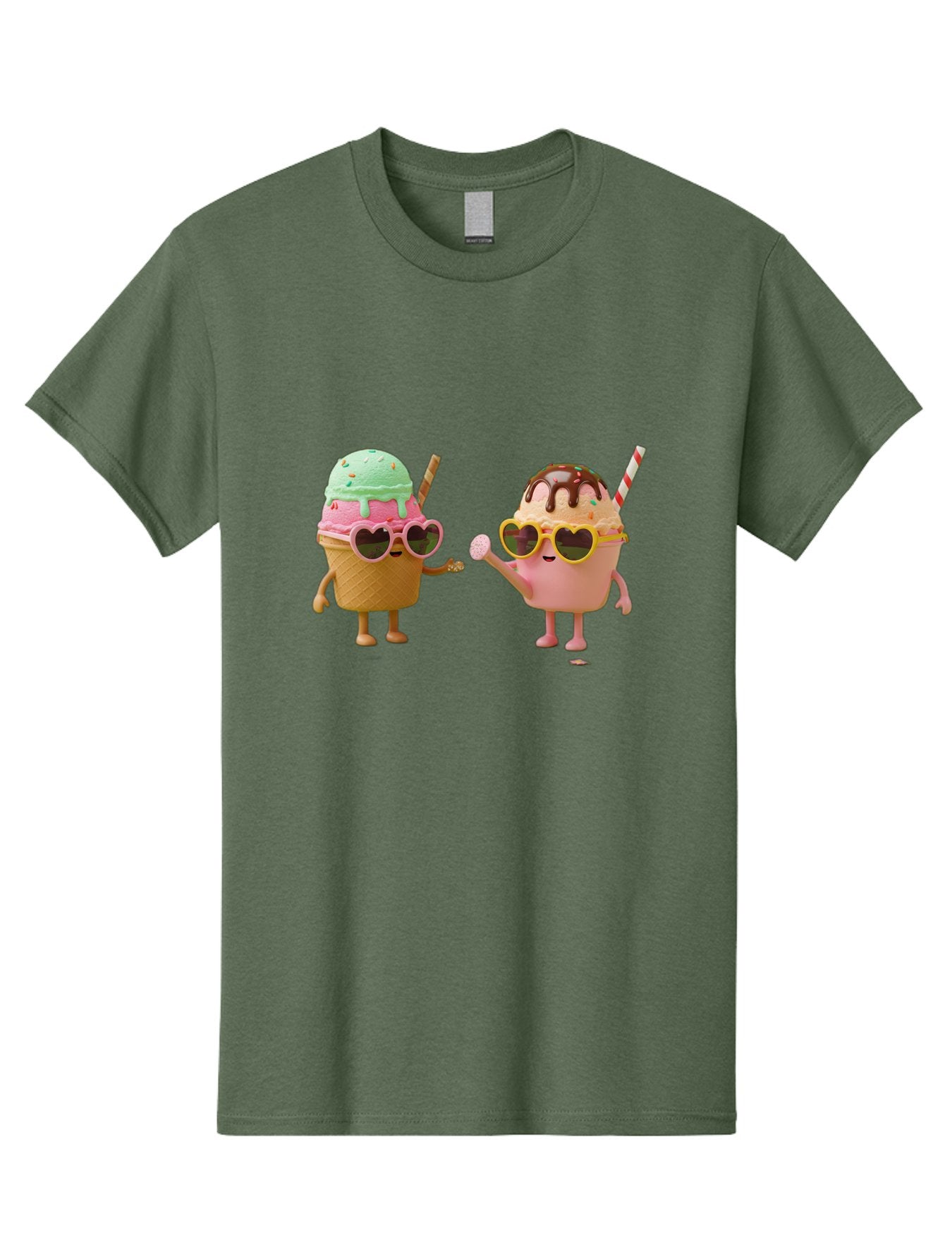 Ice-Cream-Cone-And-Cup Men'S Graphic Tee, 100% Cotton, Comfortable Casual Summer Wear, Machine Washable, Ice Cream Cone Character, Ice Cream Bowl Character, Heart-Shaped Sunglasses, Pastel Colors, Fun Illustration, Sweet Treats, Baa871 9