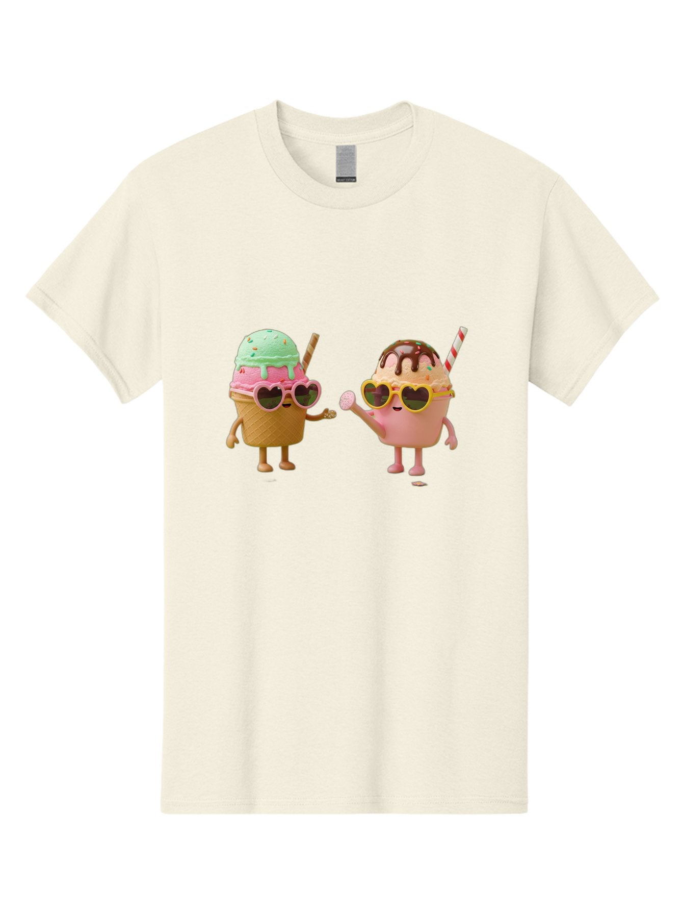 Ice-Cream-Cone-And-Cup Men'S Graphic Tee, 100% Cotton, Comfortable Casual Summer Wear, Machine Washable, Ice Cream Cone Character, Ice Cream Bowl Character, Heart-Shaped Sunglasses, Pastel Colors, Fun Illustration, Sweet Treats, Baa871 15