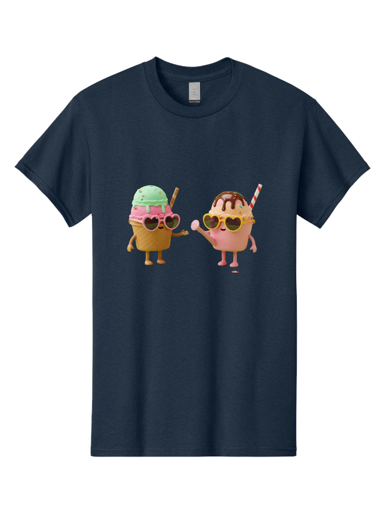 Ice-Cream-Cone-And-Cup Men'S Graphic Tee, 100% Cotton, Comfortable Casual Summer Wear, Machine Washable, Ice Cream Cone Character, Ice Cream Bowl Character, Heart-Shaped Sunglasses, Pastel Colors, Fun Illustration, Sweet Treats, Baa871 7