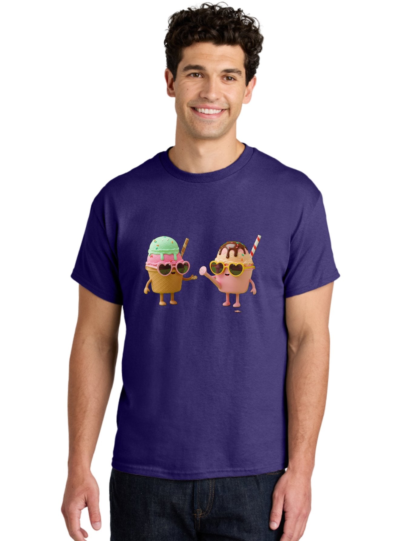 Ice-Cream-Cone-And-Cup Men'S Graphic Tee, 100% Cotton, Comfortable Casual Summer Wear, Machine Washable, Ice Cream Cone Character, Ice Cream Bowl Character, Heart-Shaped Sunglasses, Pastel Colors, Fun Illustration, Sweet Treats, Baa871 20