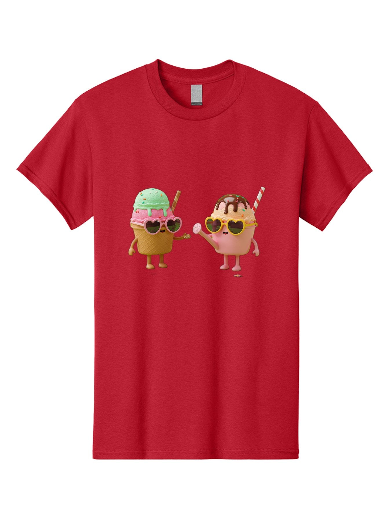 Ice-Cream-Cone-And-Cup Men'S Graphic Tee, 100% Cotton, Comfortable Casual Summer Wear, Machine Washable, Ice Cream Cone Character, Ice Cream Bowl Character, Heart-Shaped Sunglasses, Pastel Colors, Fun Illustration, Sweet Treats, Baa871 4