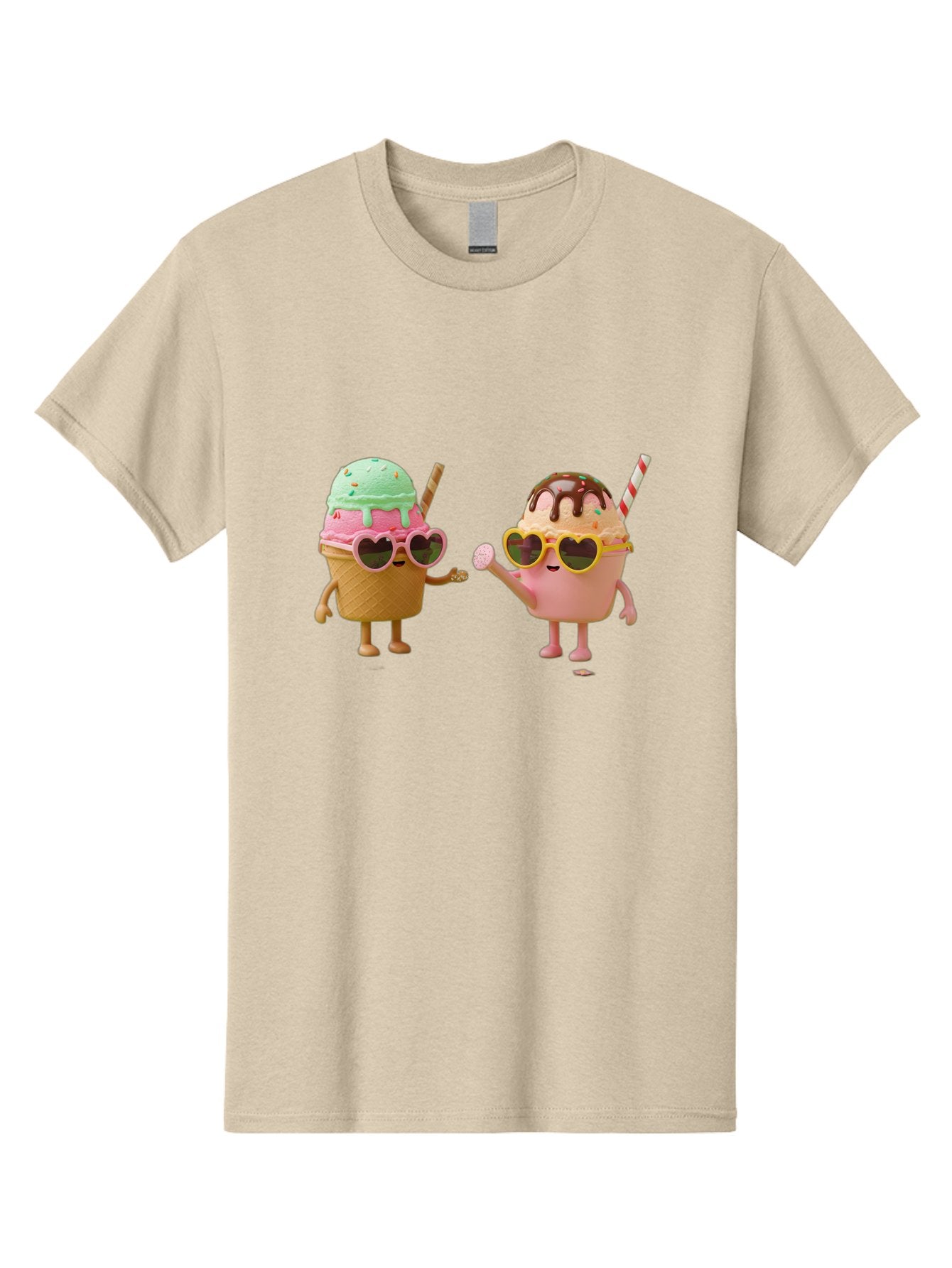 Ice-Cream-Cone-And-Cup Men'S Graphic Tee, 100% Cotton, Comfortable Casual Summer Wear, Machine Washable, Ice Cream Cone Character, Ice Cream Bowl Character, Heart-Shaped Sunglasses, Pastel Colors, Fun Illustration, Sweet Treats, Baa871 12