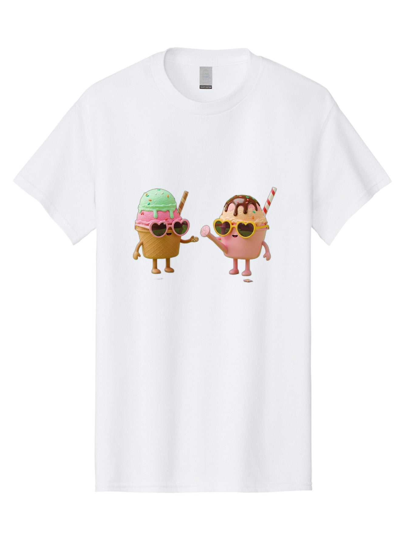 Ice-Cream-Cone-And-Cup Men'S Graphic Tee, 100% Cotton, Comfortable Casual Summer Wear, Machine Washable, Ice Cream Cone Character, Ice Cream Bowl Character, Heart-Shaped Sunglasses, Pastel Colors, Fun Illustration, Sweet Treats, Baa871 6