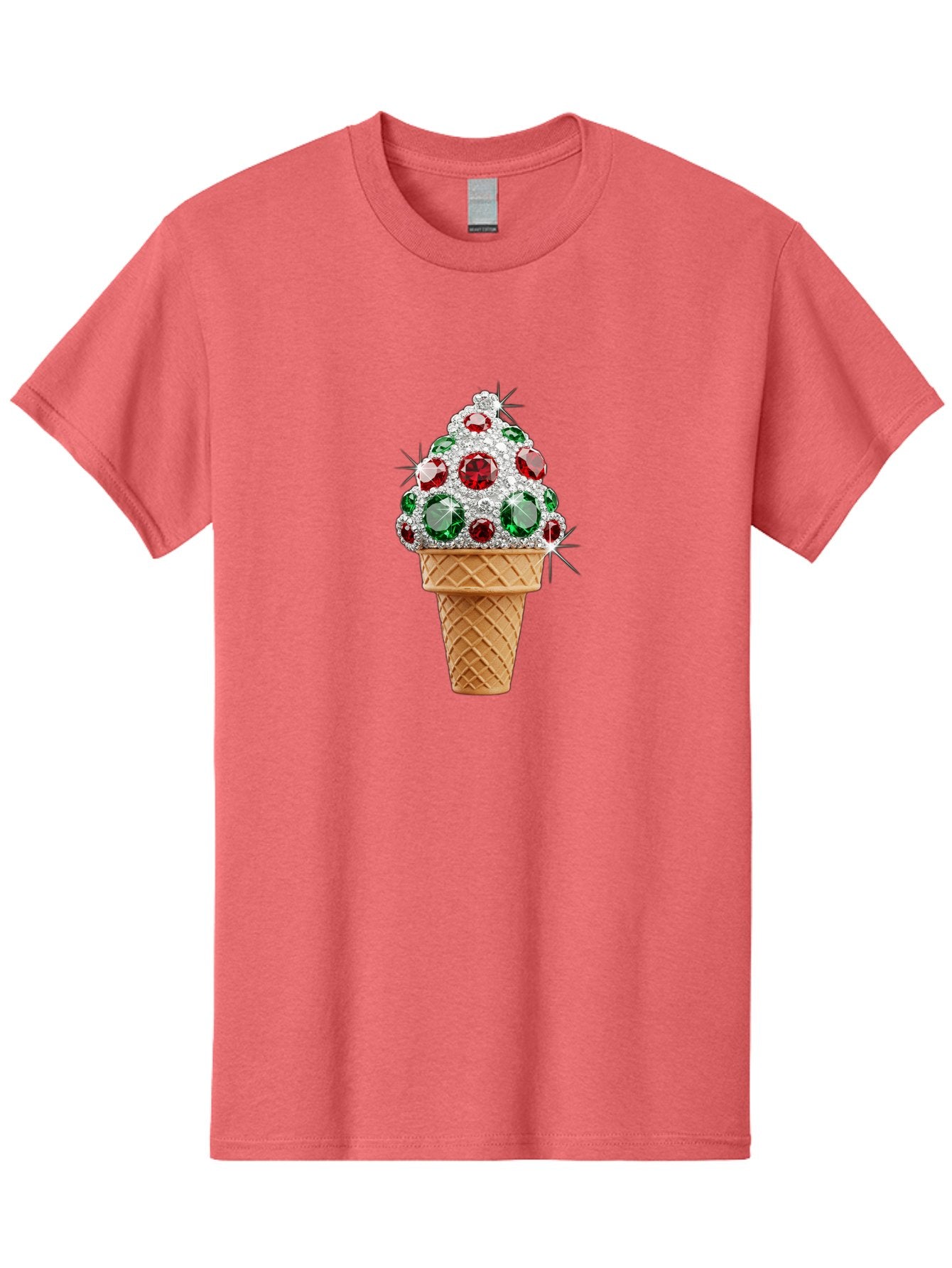Ice-Cream-Cone-With-Jewels Men'S Graphic Tee, 100% Cotton, Comfortable Casual Summer Wear, Machine Washable, Ice Cream Cone, Diamond Encrusted, Precious Gems, Red And Green Jewels, Luxurious Dessert, Sweet Treat, Diamond Ice Cream, Baa874 5