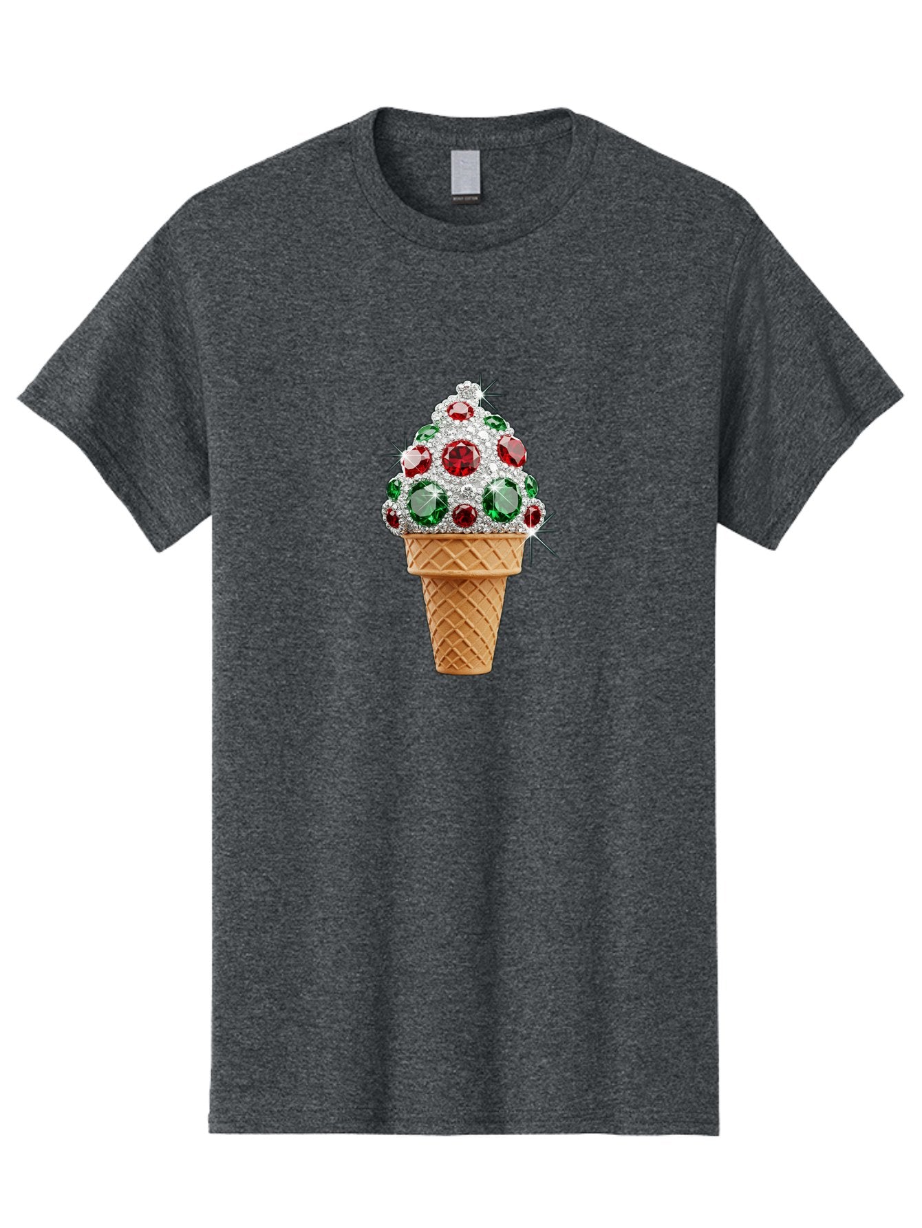 Ice-Cream-Cone-With-Jewels Men'S Graphic Tee, 100% Cotton, Comfortable Casual Summer Wear, Machine Washable, Ice Cream Cone, Diamond Encrusted, Precious Gems, Red And Green Jewels, Luxurious Dessert, Sweet Treat, Diamond Ice Cream, Baa874