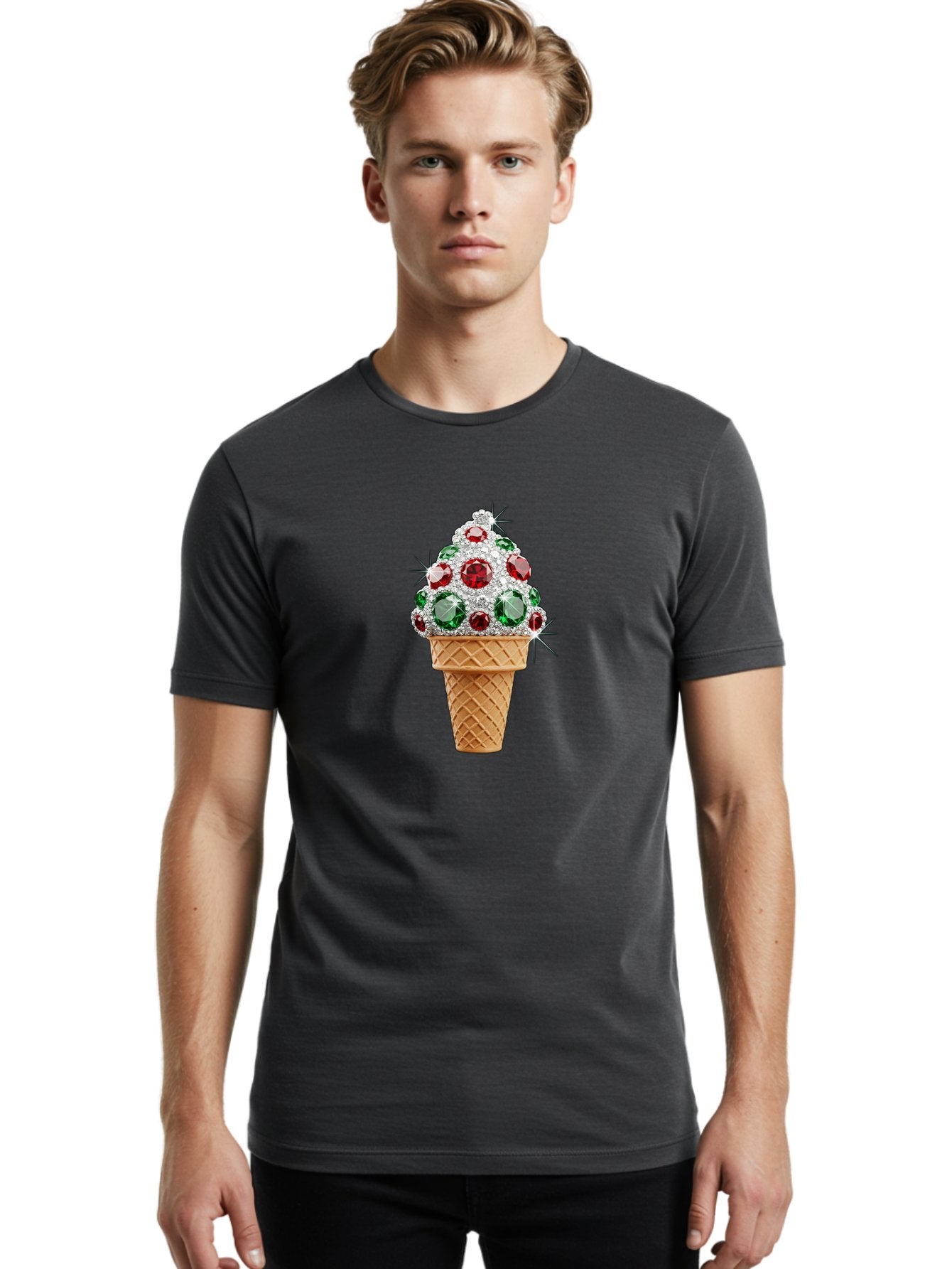 Ice-Cream-Cone-With-Jewels Men'S Graphic Tee, 100% Cotton, Comfortable Casual Summer Wear, Machine Washable, Ice Cream Cone, Diamond Encrusted, Precious Gems, Red And Green Jewels, Luxurious Dessert, Sweet Treat, Diamond Ice Cream, Baa874 19