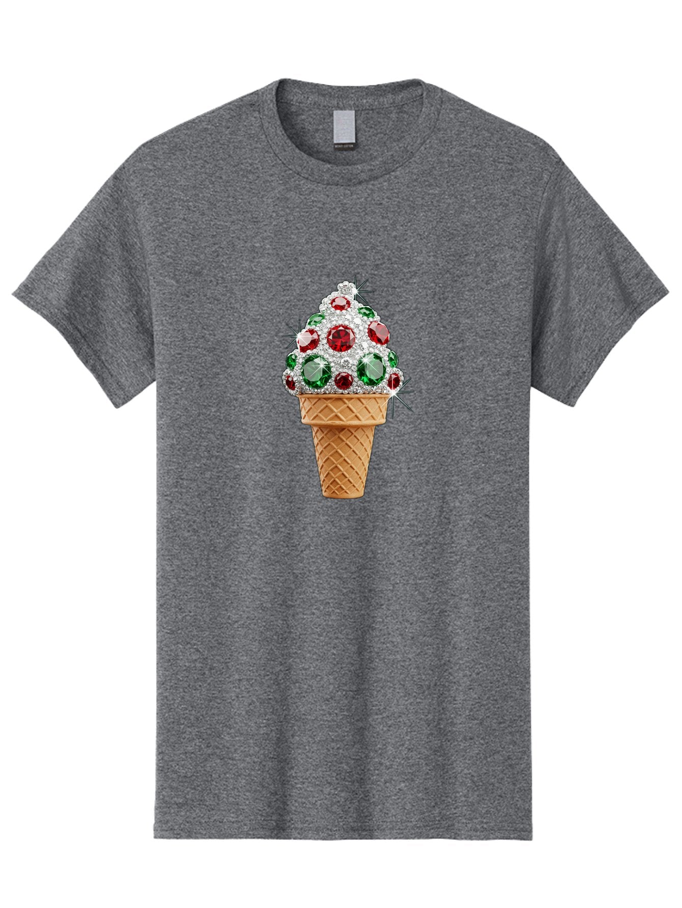 Ice-Cream-Cone-With-Jewels Men'S Graphic Tee, 100% Cotton, Comfortable Casual Summer Wear, Machine Washable, Ice Cream Cone, Diamond Encrusted, Precious Gems, Red And Green Jewels, Luxurious Dessert, Sweet Treat, Diamond Ice Cream, Baa874