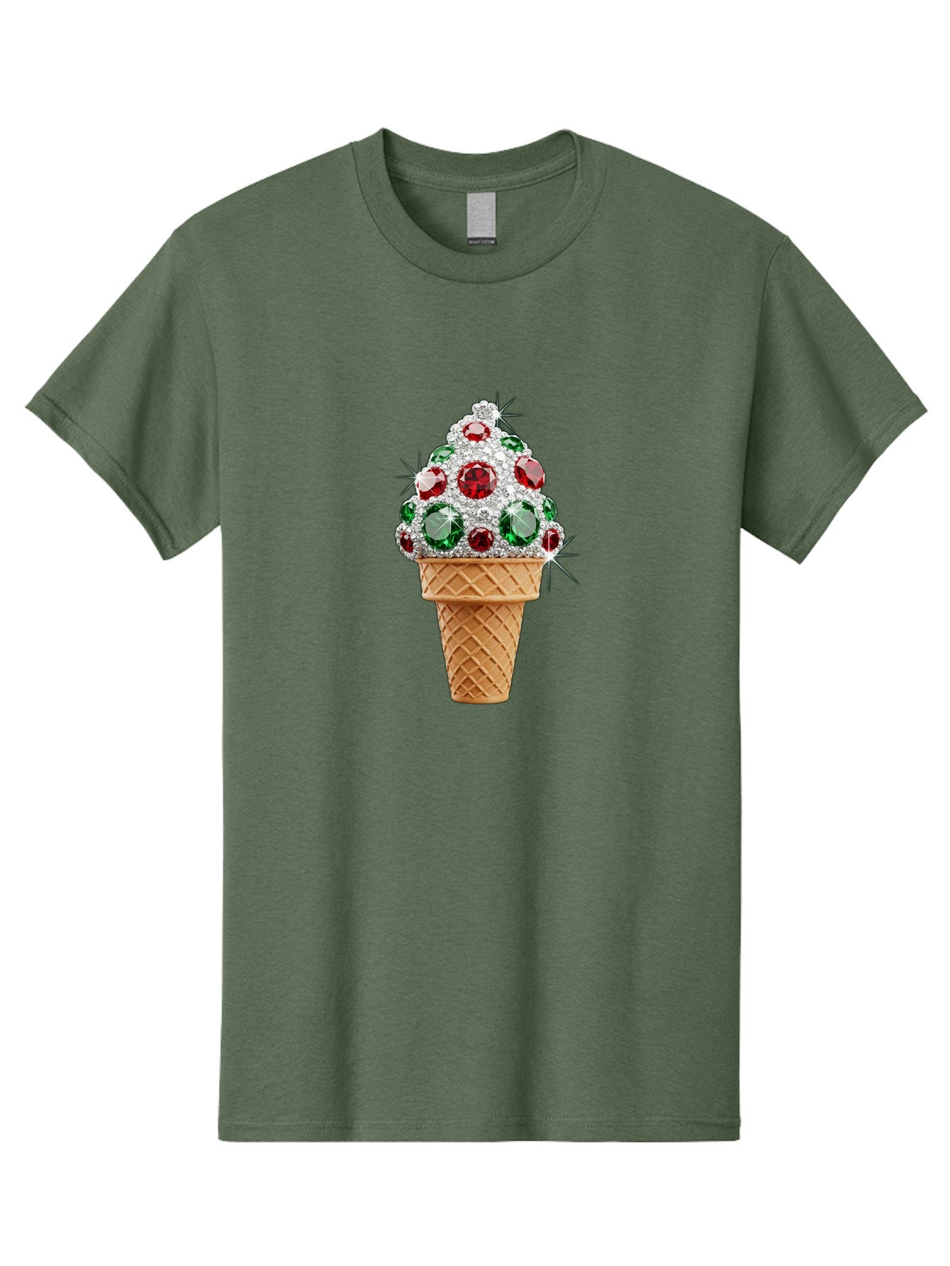 Ice-Cream-Cone-With-Jewels Men'S Graphic Tee, 100% Cotton, Comfortable Casual Summer Wear, Machine Washable, Ice Cream Cone, Diamond Encrusted, Precious Gems, Red And Green Jewels, Luxurious Dessert, Sweet Treat, Diamond Ice Cream, Baa874 8