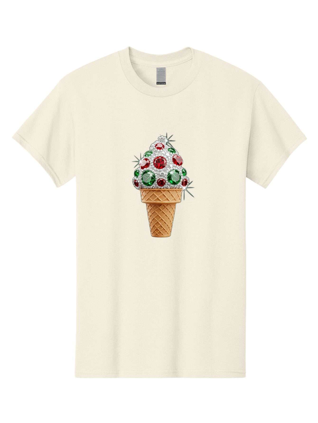 Ice-Cream-Cone-With-Jewels Men'S Graphic Tee, 100% Cotton, Comfortable Casual Summer Wear, Machine Washable, Ice Cream Cone, Diamond Encrusted, Precious Gems, Red And Green Jewels, Luxurious Dessert, Sweet Treat, Diamond Ice Cream, Baa874 10