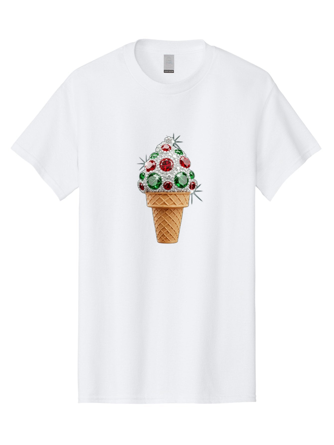 Ice-Cream-Cone-With-Jewels Men'S Graphic Tee, 100% Cotton, Comfortable Casual Summer Wear, Machine Washable, Ice Cream Cone, Diamond Encrusted, Precious Gems, Red And Green Jewels, Luxurious Dessert, Sweet Treat, Diamond Ice Cream, Baa874 15