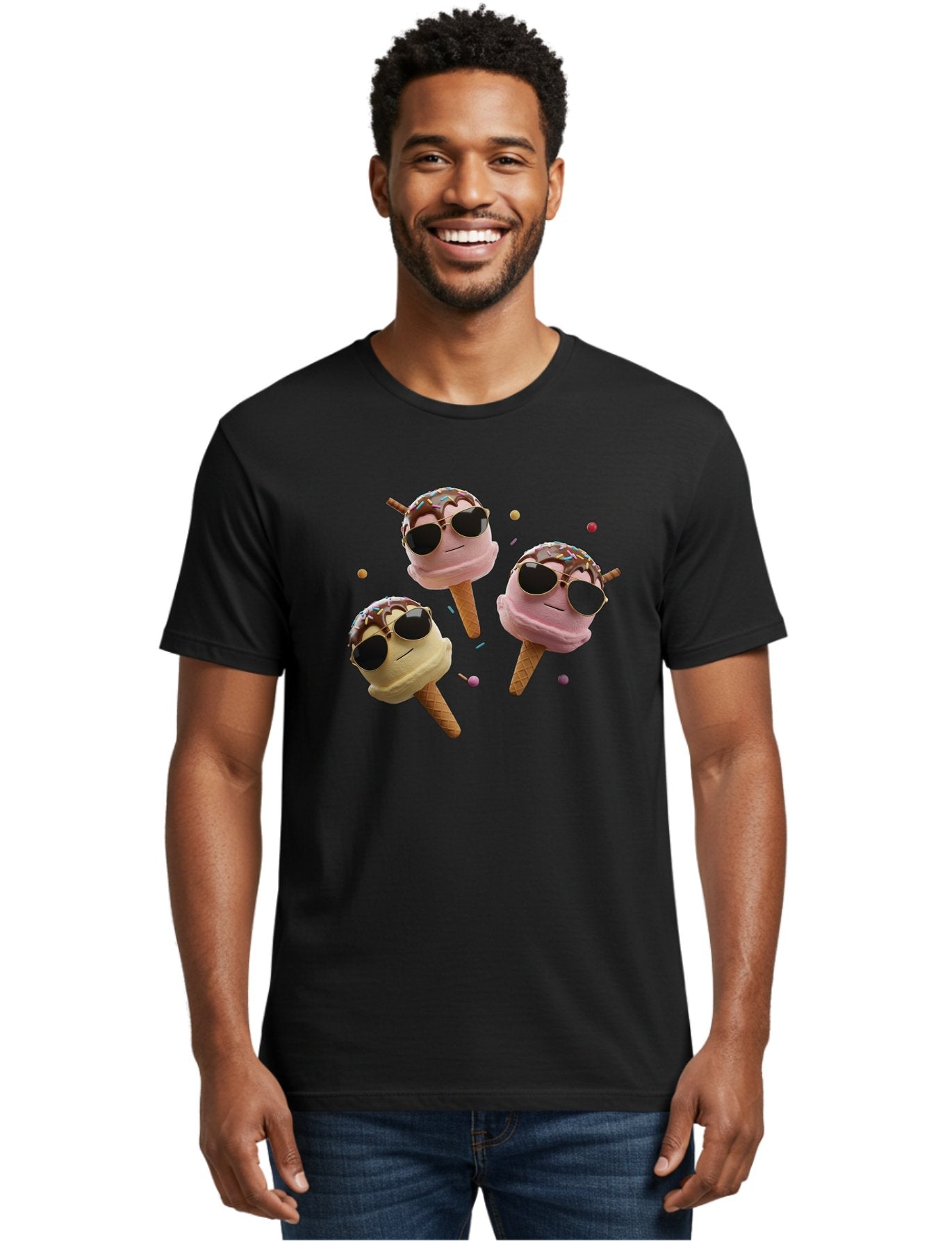 Ice-Cream-Cones-With-Sunglasses Men'S Graphic Tee, 100% Cotton, Comfortable Casual Summer Wear, Machine Washable, Ice Cream Cones With Sunglasses, Melting Ice Cream, Cartoon Style, Summer Treats, Colorful Sprinkles, Fun And Playful, Baa876 20