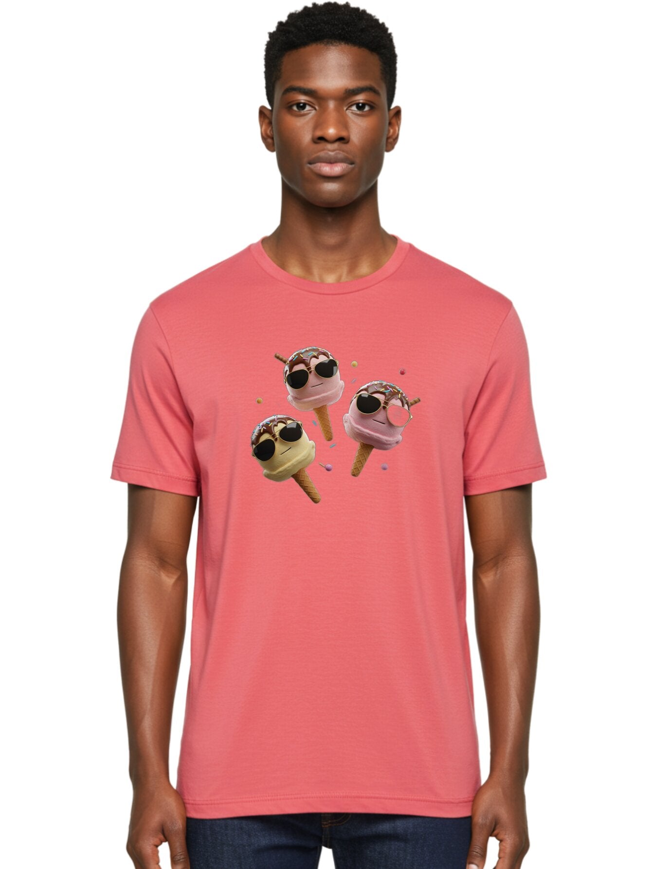 Ice-Cream-Cones-With-Sunglasses Men'S Graphic Tee, 100% Cotton, Comfortable Casual Summer Wear, Machine Washable, Ice Cream Cones With Sunglasses, Melting Ice Cream, Cartoon Style, Summer Treats, Colorful Sprinkles, Fun And Playful, Baa876 19