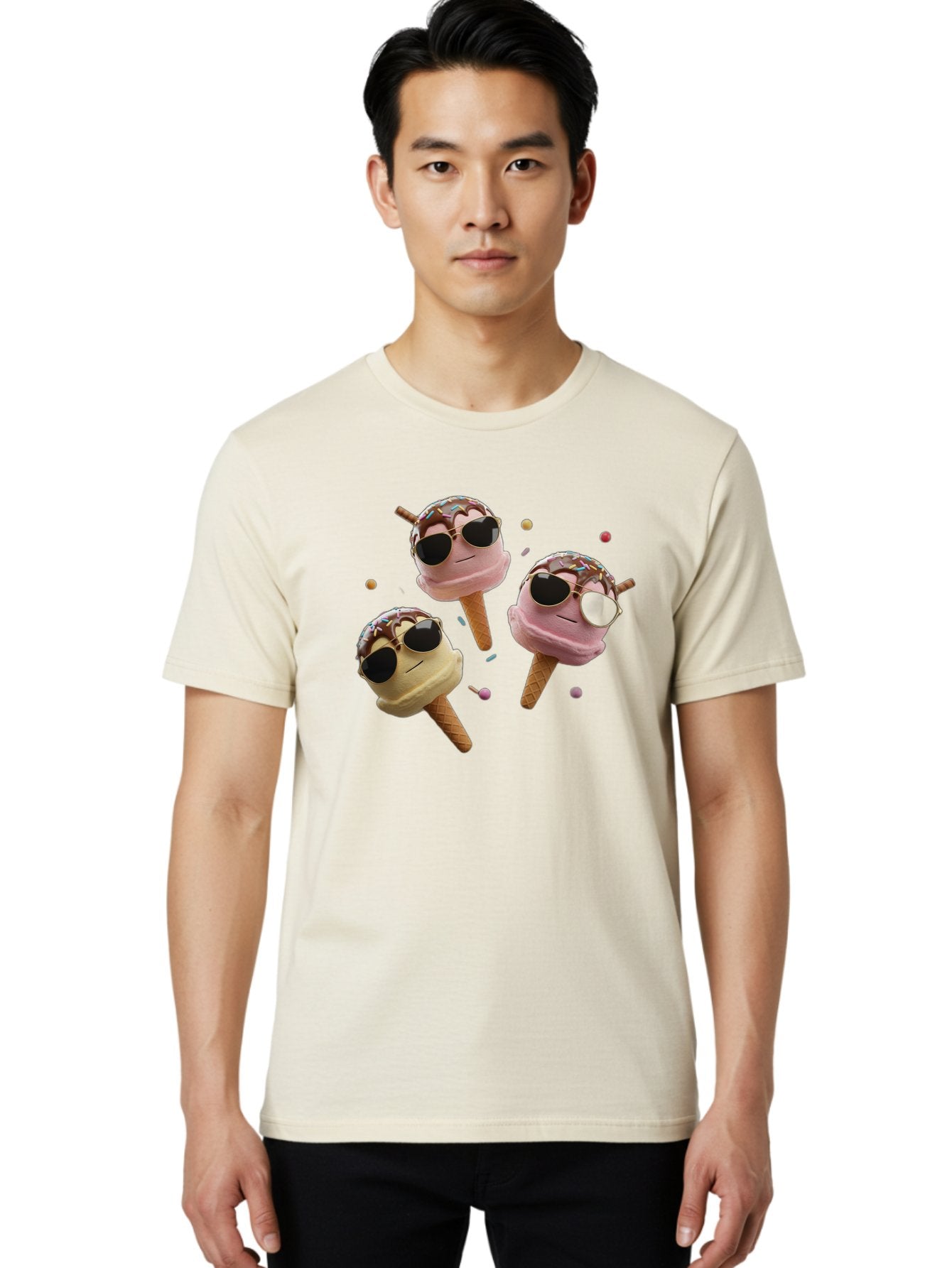 Ice-Cream-Cones-With-Sunglasses Men'S Graphic Tee, 100% Cotton, Comfortable Casual Summer Wear, Machine Washable, Ice Cream Cones With Sunglasses, Melting Ice Cream, Cartoon Style, Summer Treats, Colorful Sprinkles, Fun And Playful, Baa876 25