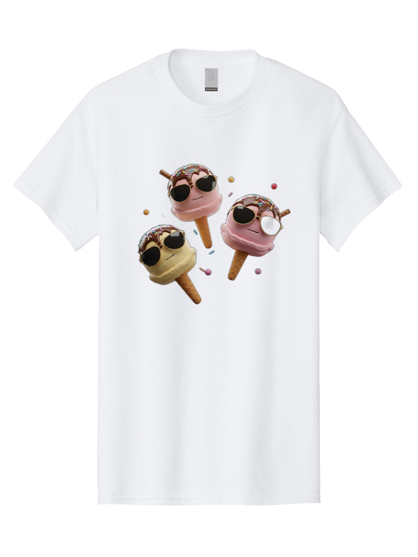 Ice-Cream-Cones-With-Sunglasses Men'S Graphic Tee, 100% Cotton, Comfortable Casual Summer Wear, Machine Washable, Ice Cream Cones With Sunglasses, Melting Ice Cream, Cartoon Style, Summer Treats, Colorful Sprinkles, Fun And Playful, Baa876
