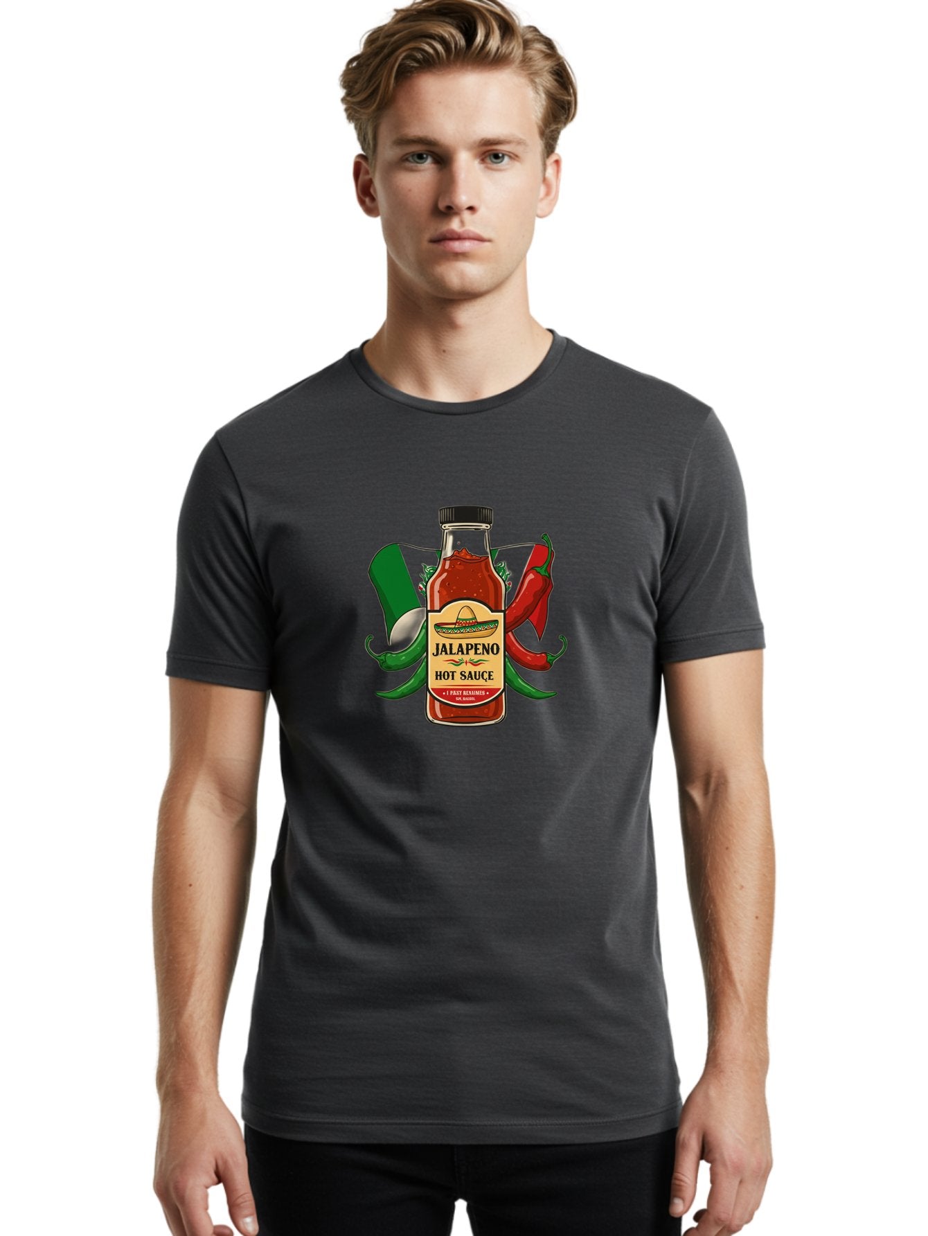 Jalapeno-Hot-Sauce Men'S Graphic Tee, 100% Cotton, Comfortable Casual Summer Wear, Machine Washable, Jalapeno Hot Sauce, Spicy Condiment, Mexican Cuisine, Hot Peppers, Chili Peppers, Jalapeno Peppers, Salsa, Hot Sauce Bottle, Condiment Bottle Baa882 23