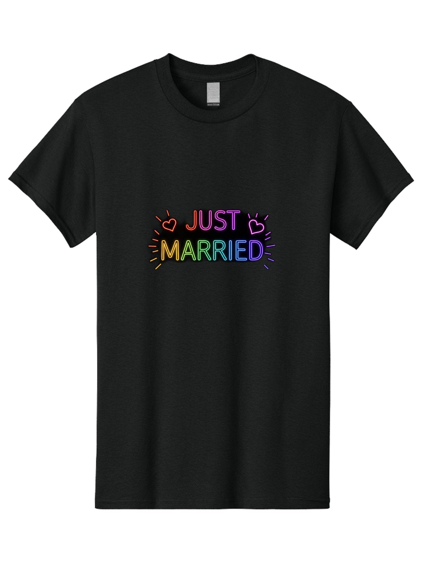 Just-Married-1 Men'S Graphic Tee, 100% Cotton, Comfortable Casual Summer Wear, Machine Washable, Neon Just Married Sign, Colorful Hearts, Rainbow Colors, Love Symbol, Wedding Decoration, Couple Goals, Romantic Gesture, Glowing Text, Baa883 7