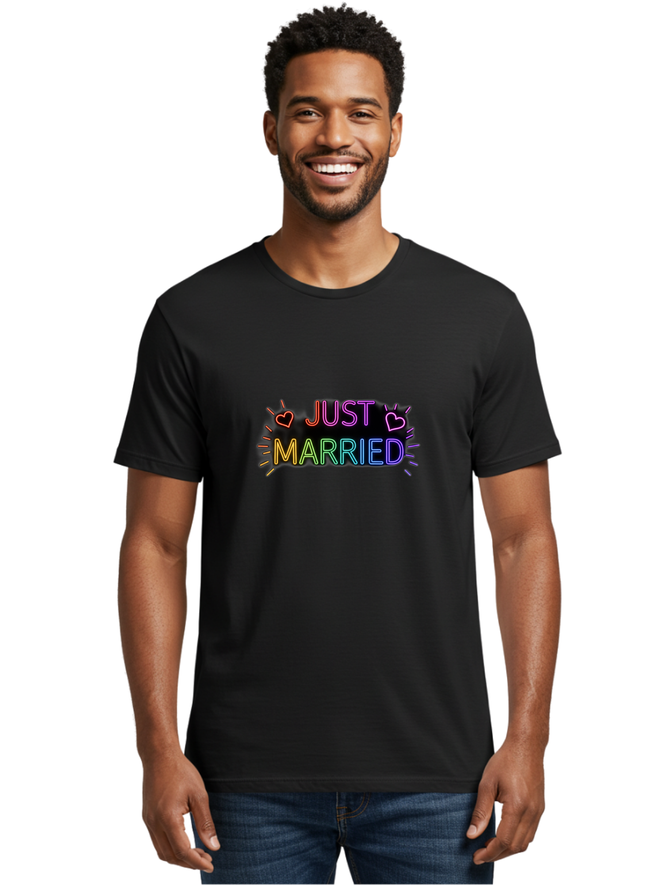 Just-Married-1 Men'S Graphic Tee, 100% Cotton, Comfortable Casual Summer Wear, Machine Washable, Neon Just Married Sign, Colorful Hearts, Rainbow Colors, Love Symbol, Wedding Decoration, Couple Goals, Romantic Gesture, Glowing Text, Baa883 26