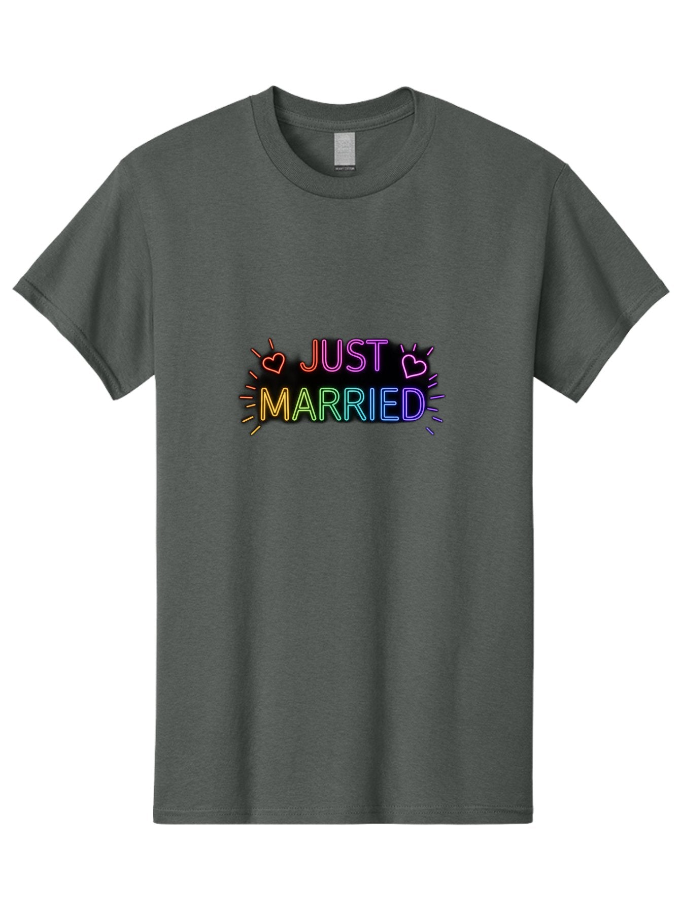 Just-Married-1 Men'S Graphic Tee, 100% Cotton, Comfortable Casual Summer Wear, Machine Washable, Neon Just Married Sign, Colorful Hearts, Rainbow Colors, Love Symbol, Wedding Decoration, Couple Goals, Romantic Gesture, Glowing Text, Baa883 6