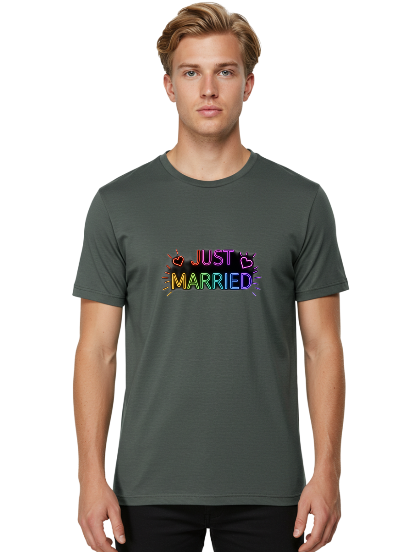 Just-Married-1 Men'S Graphic Tee, 100% Cotton, Comfortable Casual Summer Wear, Machine Washable, Neon Just Married Sign, Colorful Hearts, Rainbow Colors, Love Symbol, Wedding Decoration, Couple Goals, Romantic Gesture, Glowing Text, Baa883 14