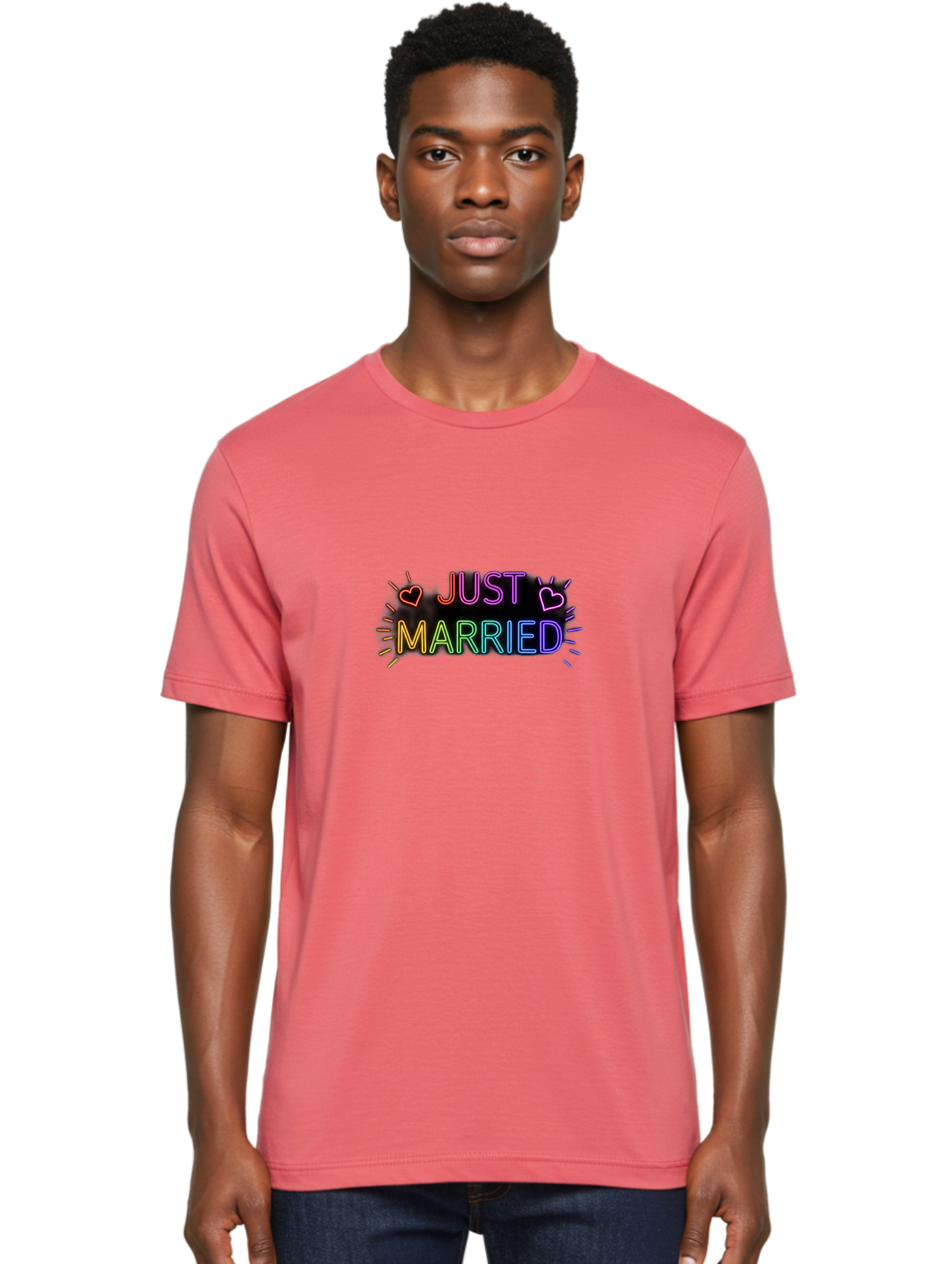 Just-Married-1 Men'S Graphic Tee, 100% Cotton, Comfortable Casual Summer Wear, Machine Washable, Neon Just Married Sign, Colorful Hearts, Rainbow Colors, Love Symbol, Wedding Decoration, Couple Goals, Romantic Gesture, Glowing Text, Baa883 12