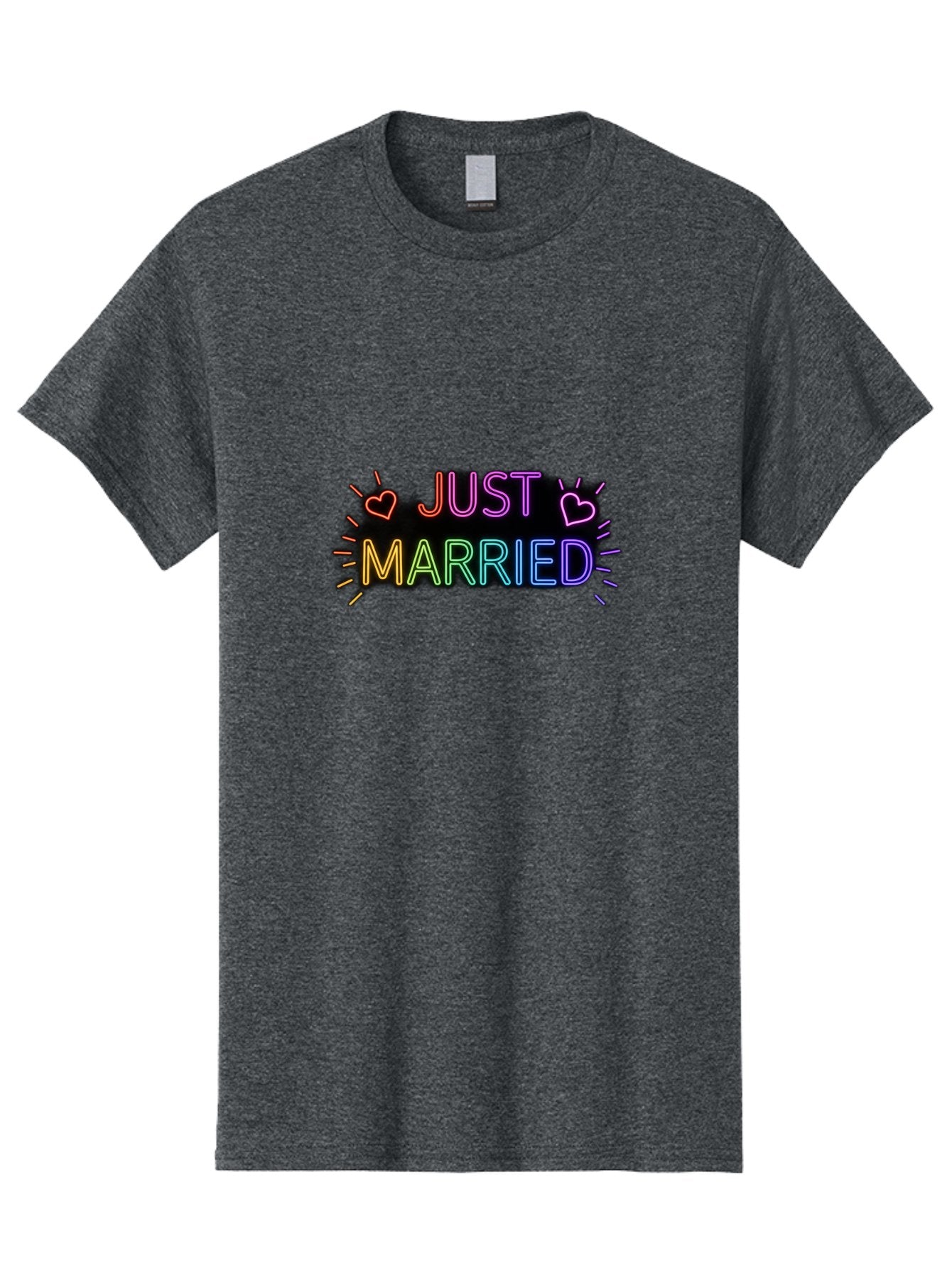 Just-Married-1 Men'S Graphic Tee, 100% Cotton, Comfortable Casual Summer Wear, Machine Washable, Neon Just Married Sign, Colorful Hearts, Rainbow Colors, Love Symbol, Wedding Decoration, Couple Goals, Romantic Gesture, Glowing Text, Baa883 9