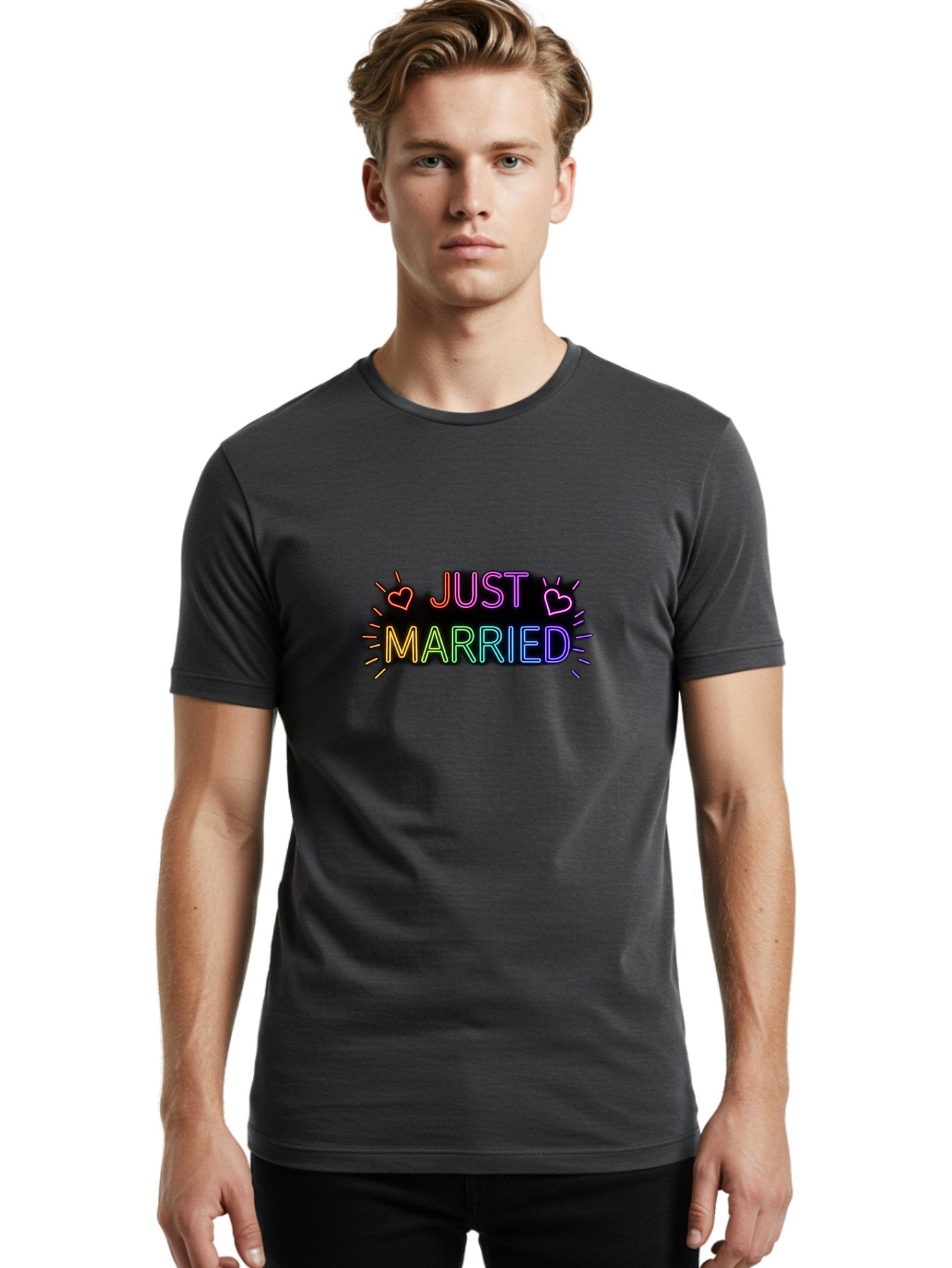 Just-Married-1 Men'S Graphic Tee, 100% Cotton, Comfortable Casual Summer Wear, Machine Washable, Neon Just Married Sign, Colorful Hearts, Rainbow Colors, Love Symbol, Wedding Decoration, Couple Goals, Romantic Gesture, Glowing Text, Baa883 26