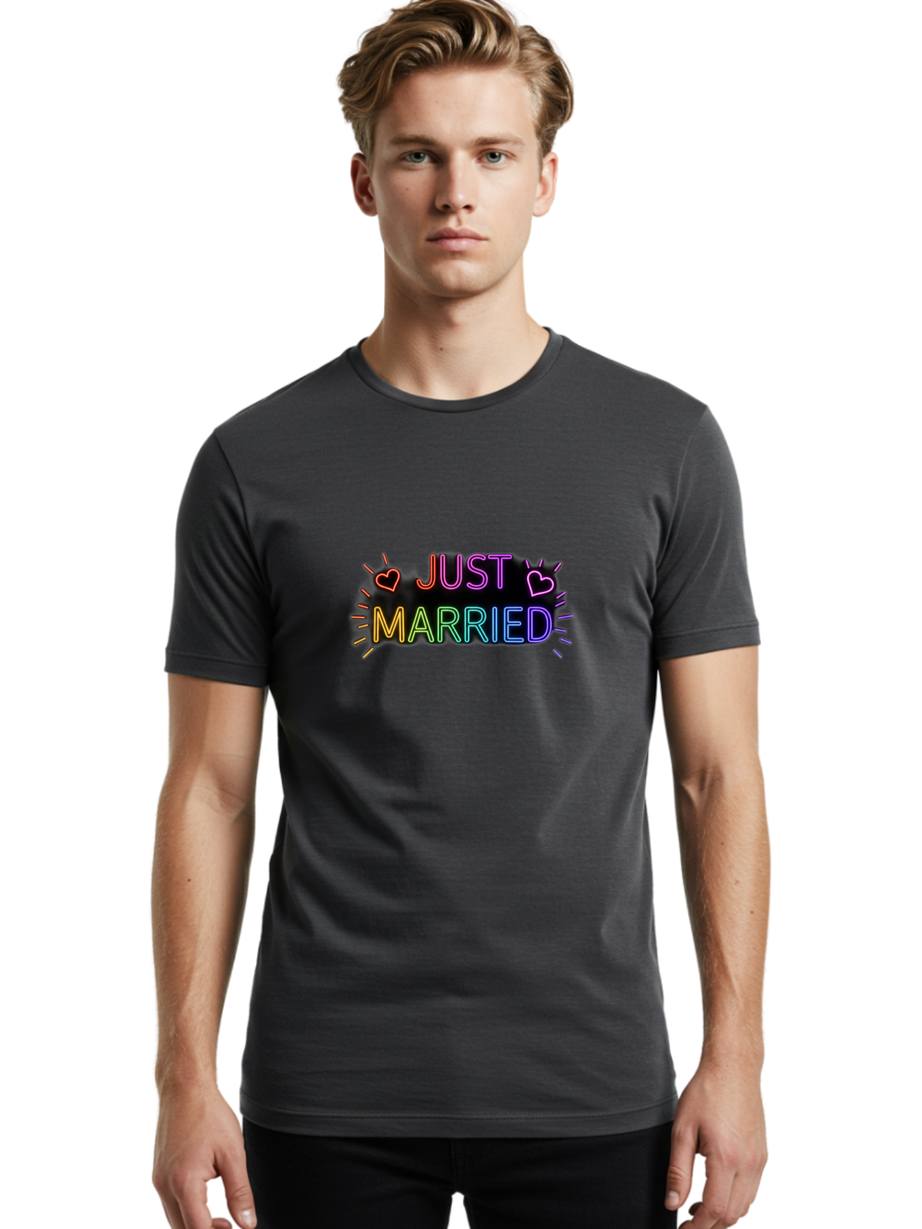 Just-Married-1 Men'S Graphic Tee, 100% Cotton, Comfortable Casual Summer Wear, Machine Washable, Neon Just Married Sign, Colorful Hearts, Rainbow Colors, Love Symbol, Wedding Decoration, Couple Goals, Romantic Gesture, Glowing Text, Baa883 10