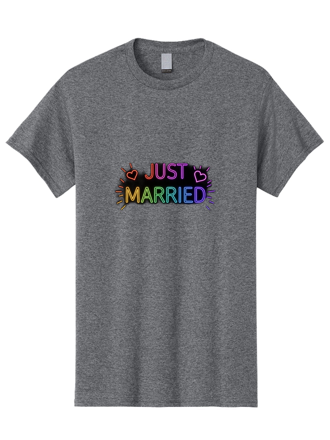 Just-Married-1 Men'S Graphic Tee, 100% Cotton, Comfortable Casual Summer Wear, Machine Washable, Neon Just Married Sign, Colorful Hearts, Rainbow Colors, Love Symbol, Wedding Decoration, Couple Goals, Romantic Gesture, Glowing Text, Baa883 14