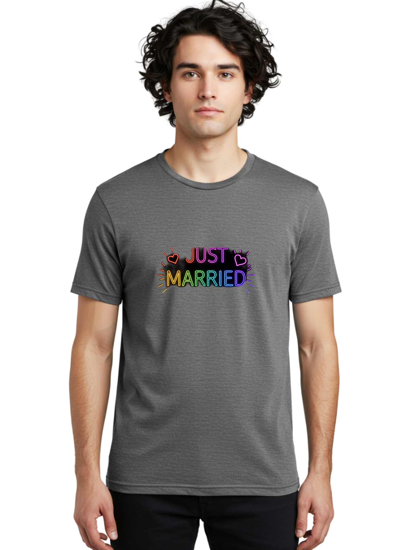 Just-Married-1 Men'S Graphic Tee, 100% Cotton, Comfortable Casual Summer Wear, Machine Washable, Neon Just Married Sign, Colorful Hearts, Rainbow Colors, Love Symbol, Wedding Decoration, Couple Goals, Romantic Gesture, Glowing Text, Baa883 4