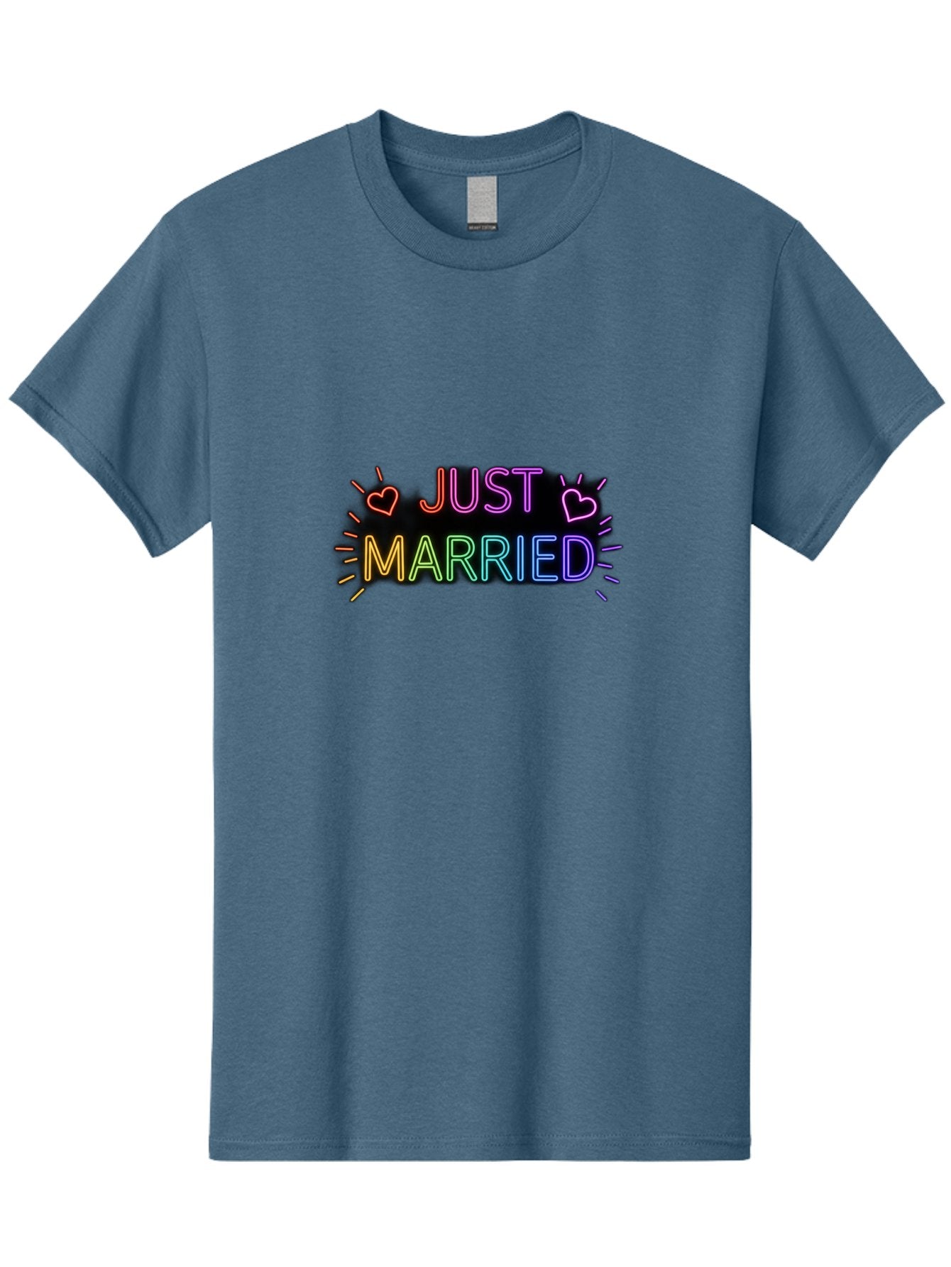 Just-Married-1 Men'S Graphic Tee, 100% Cotton, Comfortable Casual Summer Wear, Machine Washable, Neon Just Married Sign, Colorful Hearts, Rainbow Colors, Love Symbol, Wedding Decoration, Couple Goals, Romantic Gesture, Glowing Text, Baa883 10