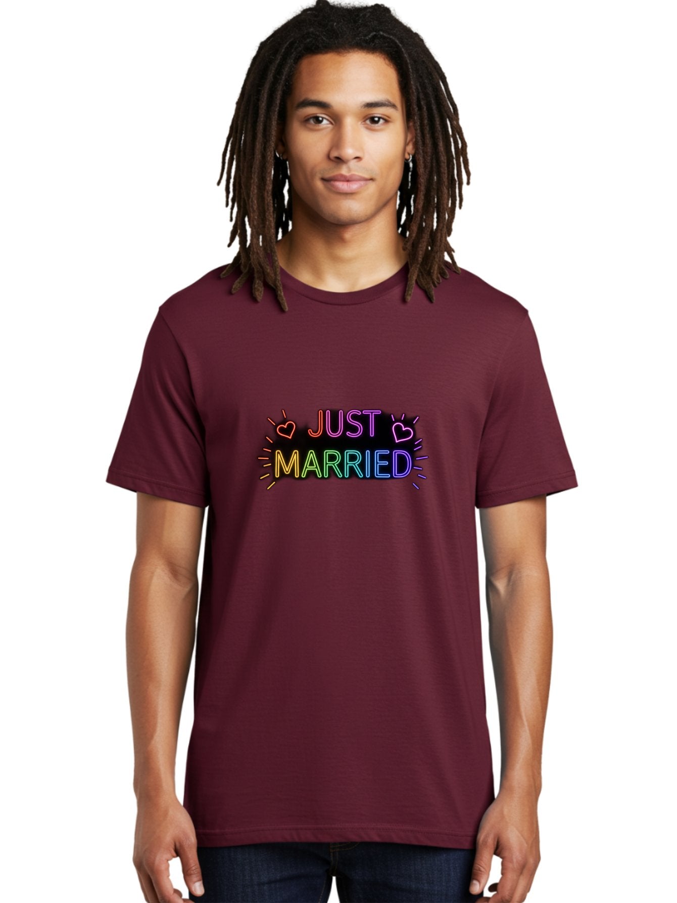 Just-Married-1 Men'S Graphic Tee, 100% Cotton, Comfortable Casual Summer Wear, Machine Washable, Neon Just Married Sign, Colorful Hearts, Rainbow Colors, Love Symbol, Wedding Decoration, Couple Goals, Romantic Gesture, Glowing Text, Baa883 28