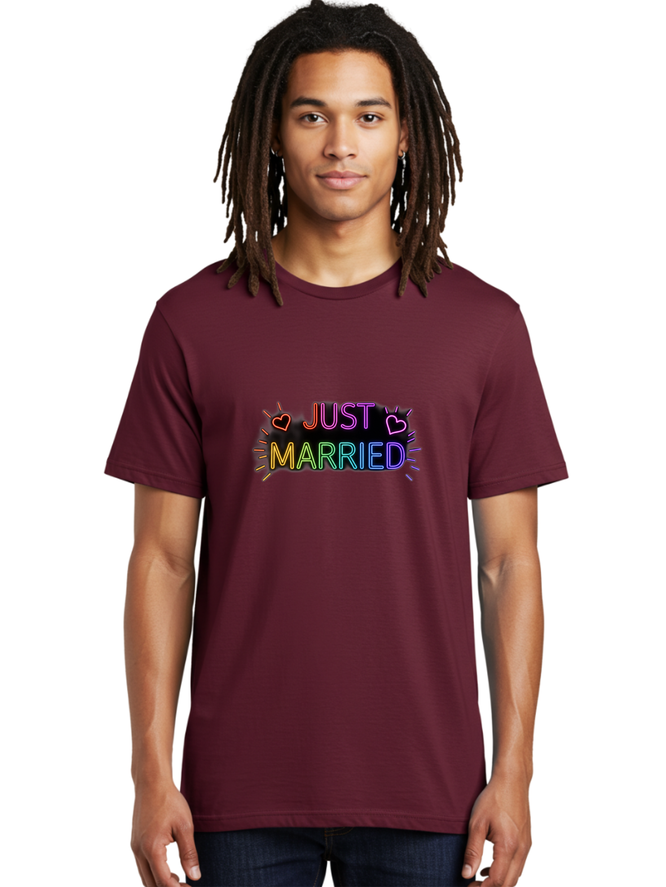 Just-Married-1 Men'S Graphic Tee, 100% Cotton, Comfortable Casual Summer Wear, Machine Washable, Neon Just Married Sign, Colorful Hearts, Rainbow Colors, Love Symbol, Wedding Decoration, Couple Goals, Romantic Gesture, Glowing Text, Baa883 6