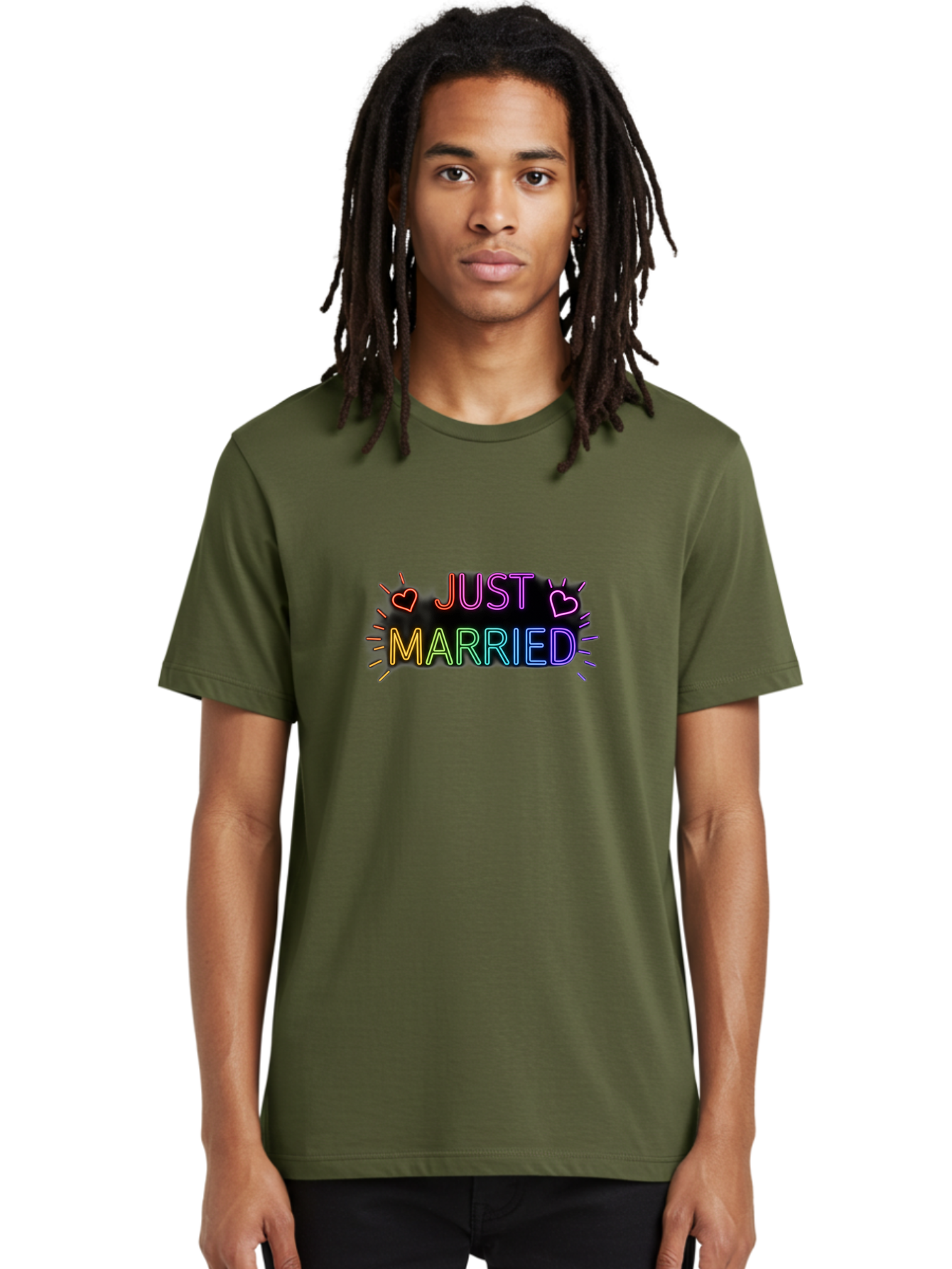 Just-Married-1 Men'S Graphic Tee, 100% Cotton, Comfortable Casual Summer Wear, Machine Washable, Neon Just Married Sign, Colorful Hearts, Rainbow Colors, Love Symbol, Wedding Decoration, Couple Goals, Romantic Gesture, Glowing Text, Baa883 22