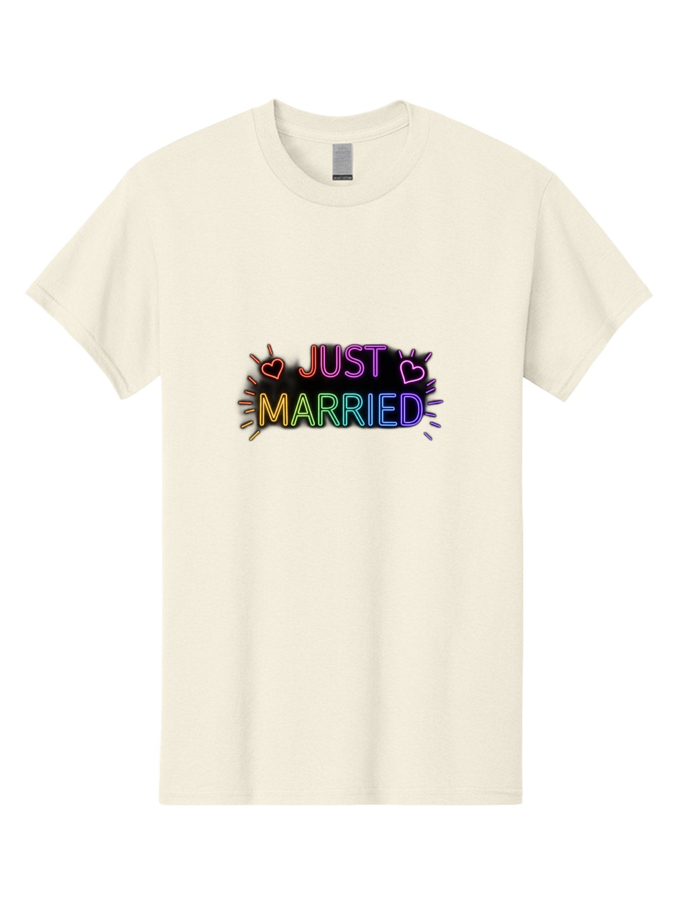 Just-Married-1 Men'S Graphic Tee, 100% Cotton, Comfortable Casual Summer Wear, Machine Washable, Neon Just Married Sign, Colorful Hearts, Rainbow Colors, Love Symbol, Wedding Decoration, Couple Goals, Romantic Gesture, Glowing Text, Baa883
