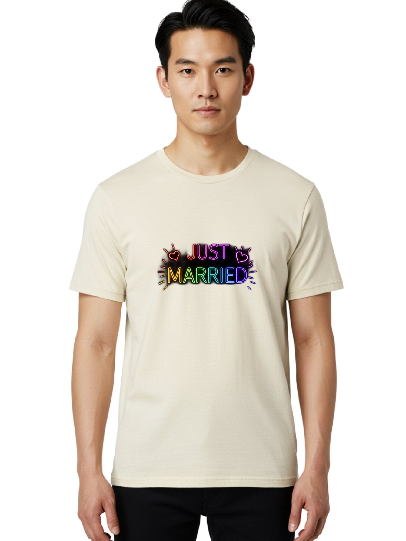 Just-Married-1 Men'S Graphic Tee, 100% Cotton, Comfortable Casual Summer Wear, Machine Washable, Neon Just Married Sign, Colorful Hearts, Rainbow Colors, Love Symbol, Wedding Decoration, Couple Goals, Romantic Gesture, Glowing Text, Baa883 21