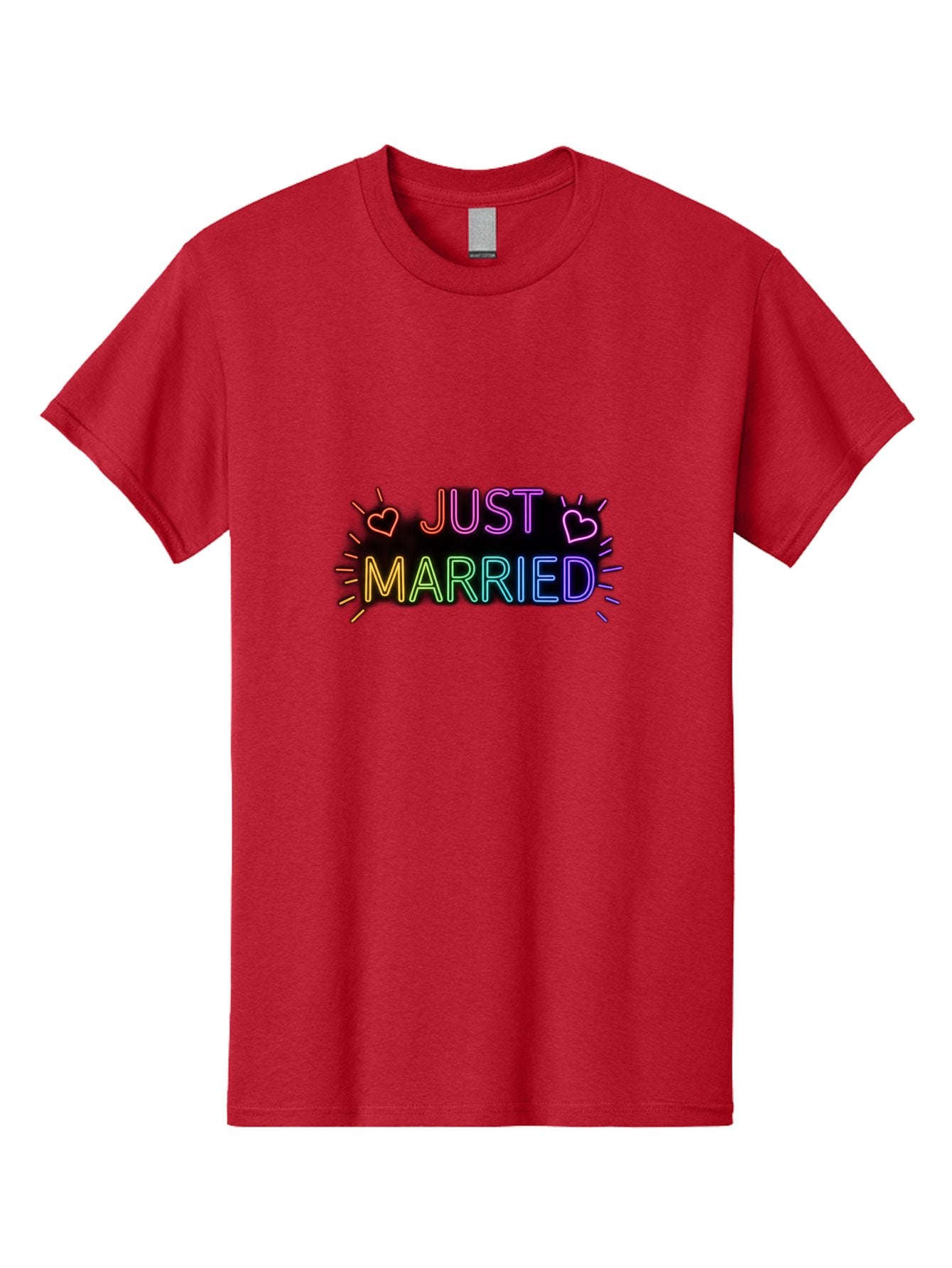 Just-Married-1 Men'S Graphic Tee, 100% Cotton, Comfortable Casual Summer Wear, Machine Washable, Neon Just Married Sign, Colorful Hearts, Rainbow Colors, Love Symbol, Wedding Decoration, Couple Goals, Romantic Gesture, Glowing Text, Baa883 4