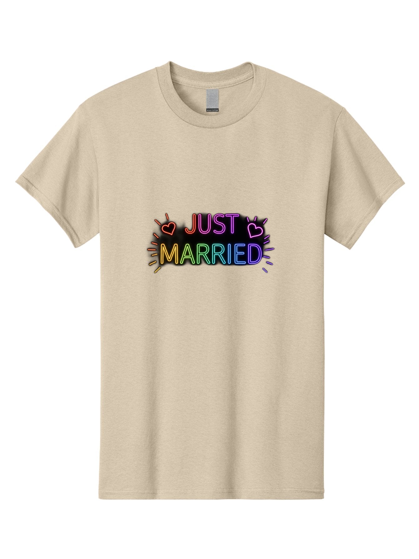 Just-Married-1 Men'S Graphic Tee, 100% Cotton, Comfortable Casual Summer Wear, Machine Washable, Neon Just Married Sign, Colorful Hearts, Rainbow Colors, Love Symbol, Wedding Decoration, Couple Goals, Romantic Gesture, Glowing Text, Baa883 11