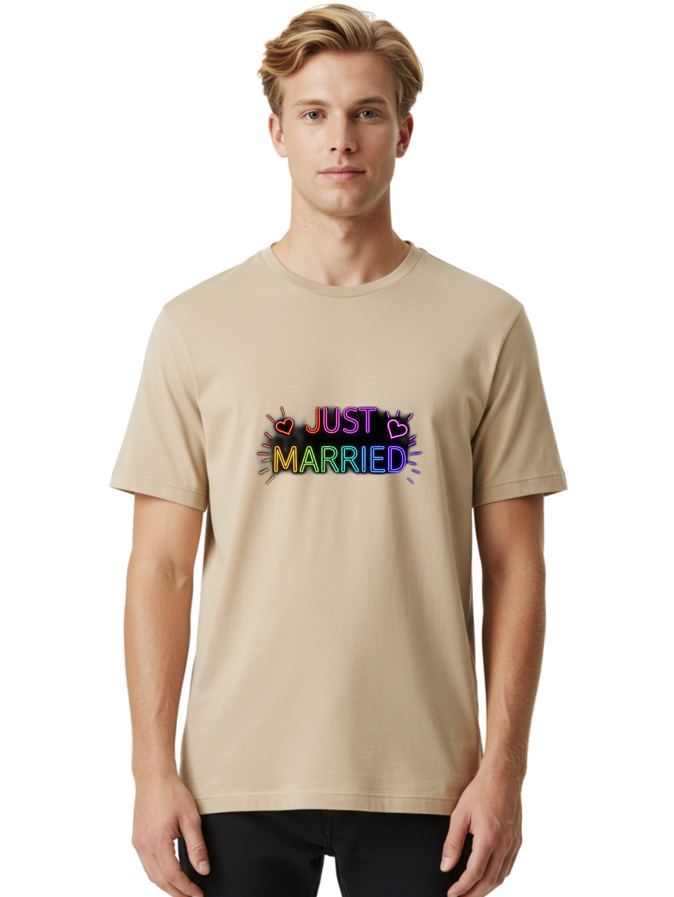 Just-Married-1 Men'S Graphic Tee, 100% Cotton, Comfortable Casual Summer Wear, Machine Washable, Neon Just Married Sign, Colorful Hearts, Rainbow Colors, Love Symbol, Wedding Decoration, Couple Goals, Romantic Gesture, Glowing Text, Baa883 8