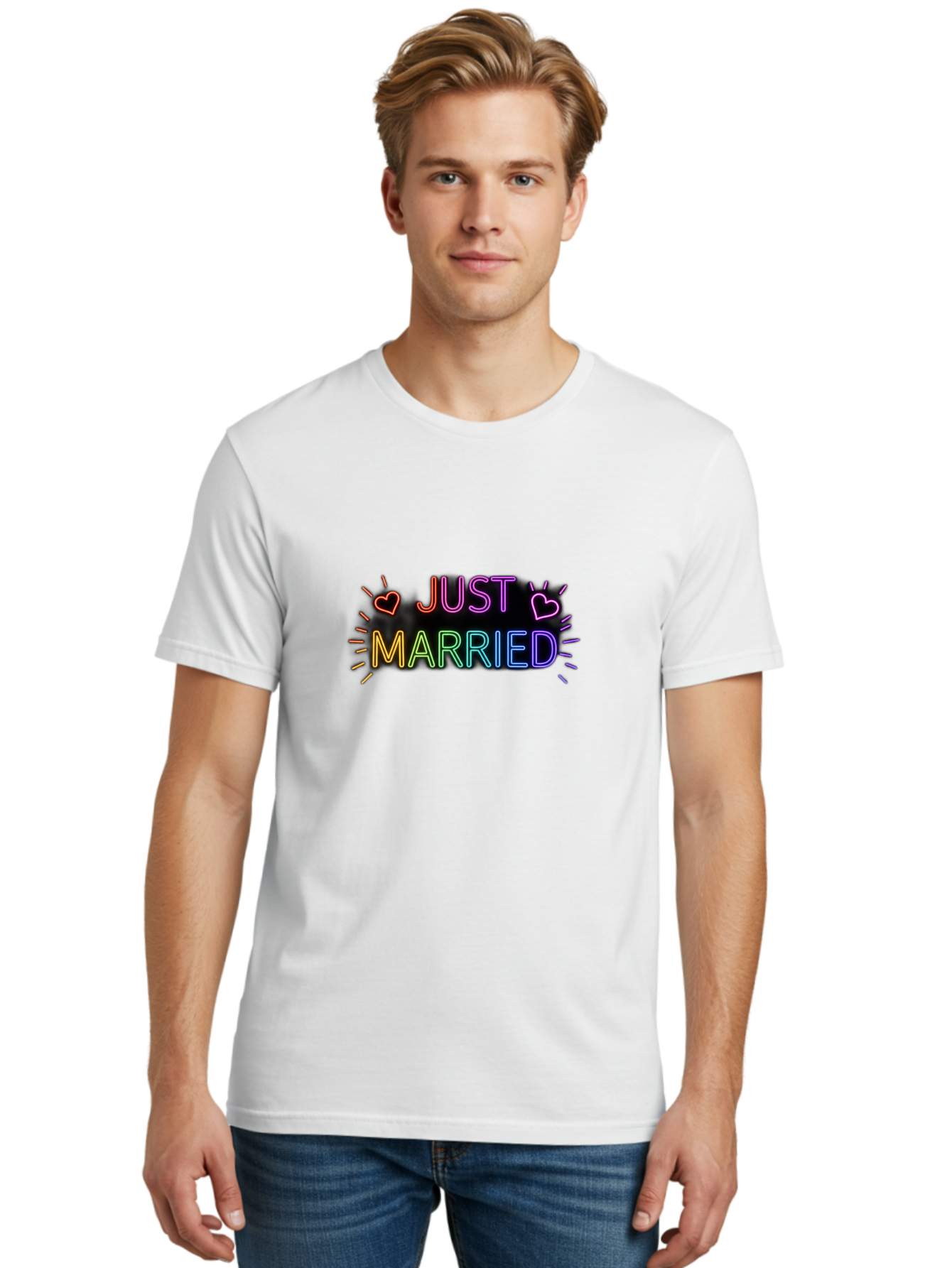 Just-Married-1 Men'S Graphic Tee, 100% Cotton, Comfortable Casual Summer Wear, Machine Washable, Neon Just Married Sign, Colorful Hearts, Rainbow Colors, Love Symbol, Wedding Decoration, Couple Goals, Romantic Gesture, Glowing Text, Baa883 16