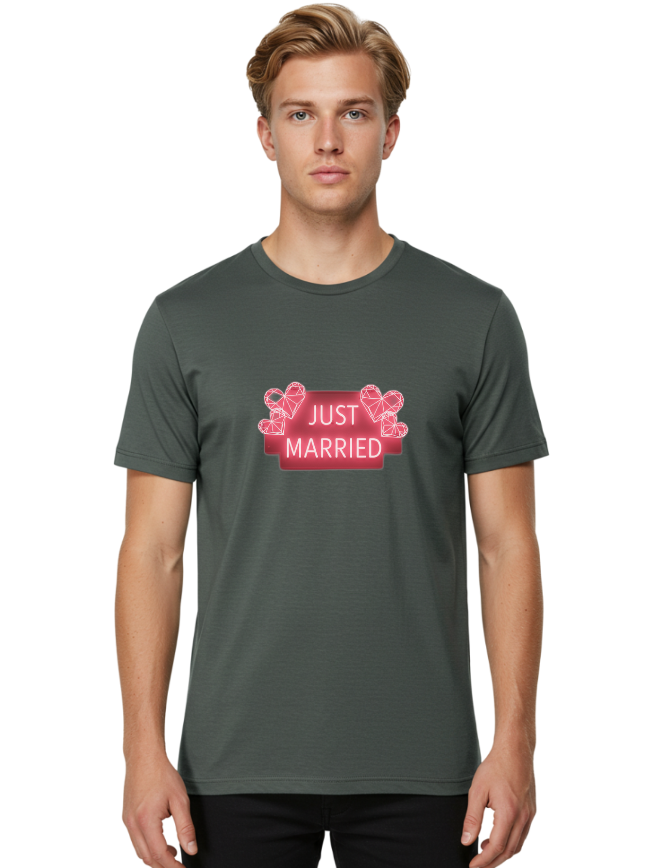 Just-Married-10 Men'S Graphic Tee, 100% Cotton, Comfortable Casual Summer Wear, Machine Washable, Just Married Sign, Wedding Decoration, Love Hearts, Neon Sign, Pink Hearts, Wedding Celebration, Geometric Hearts, Festive Decoration, Baa884 8