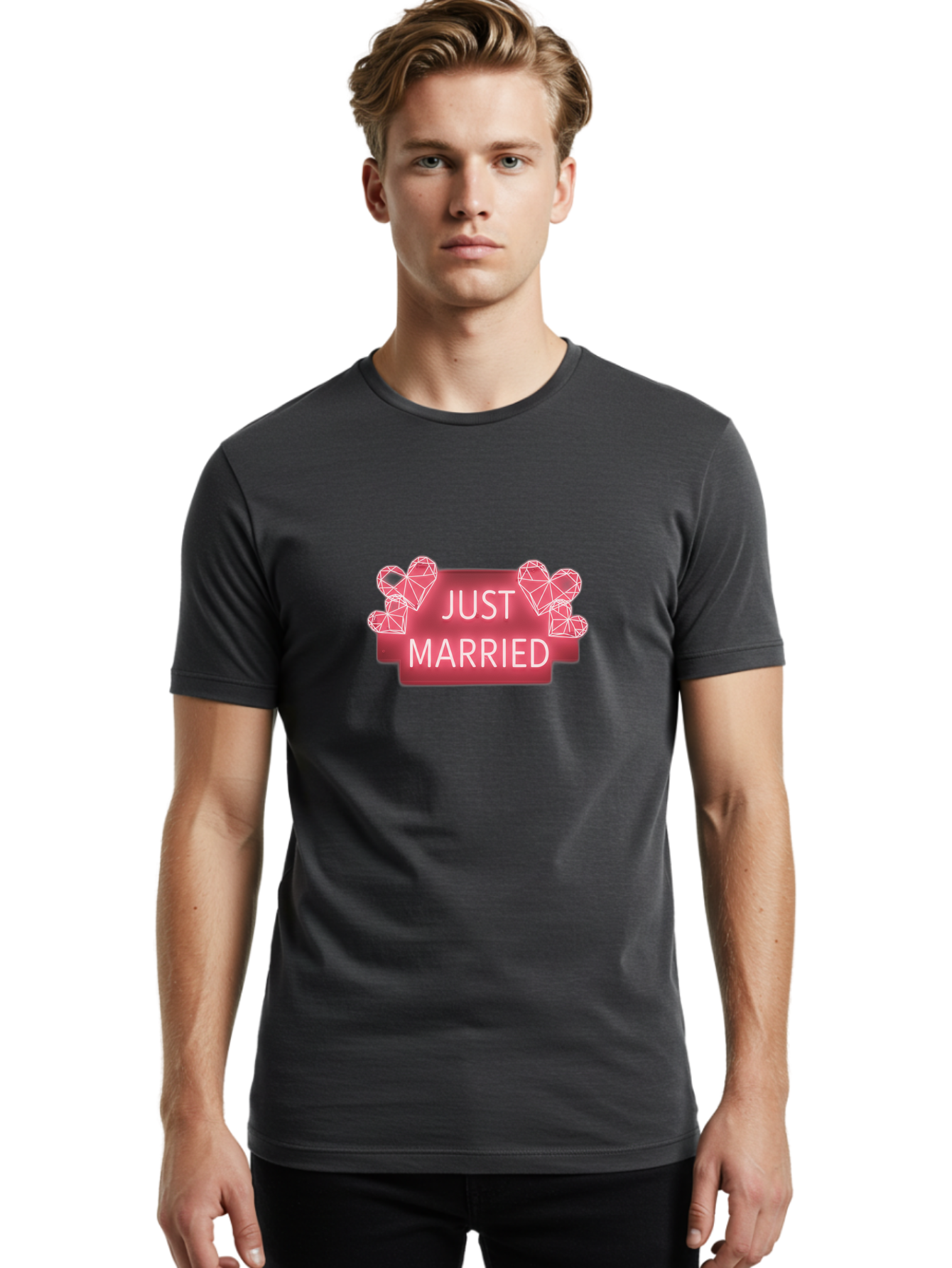 Just-Married-10 Men'S Graphic Tee, 100% Cotton, Comfortable Casual Summer Wear, Machine Washable, Just Married Sign, Wedding Decoration, Love Hearts, Neon Sign, Pink Hearts, Wedding Celebration, Geometric Hearts, Festive Decoration, Baa884
