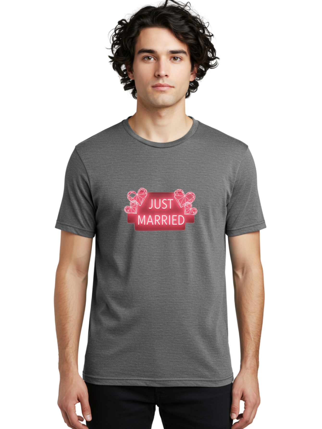 Just-Married-10 Men'S Graphic Tee, 100% Cotton, Comfortable Casual Summer Wear, Machine Washable, Just Married Sign, Wedding Decoration, Love Hearts, Neon Sign, Pink Hearts, Wedding Celebration, Geometric Hearts, Festive Decoration, Baa884 20