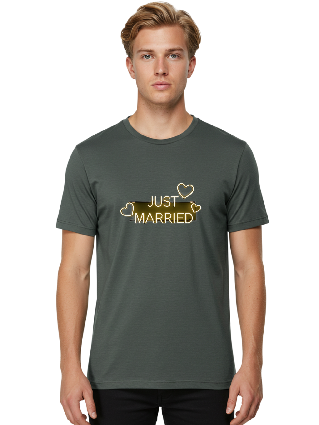 Just-Married-11 Men'S Graphic Tee, 100% Cotton, Comfortable Casual Summer Wear, Machine Washable, Just Married, Neon Sign, Heart Shaped Lights, Wedding Decor, Love Symbol, Romantic Ambiance, Glowing Hearts, Wedding Celebration, Marriage Bliss, Baa885 30