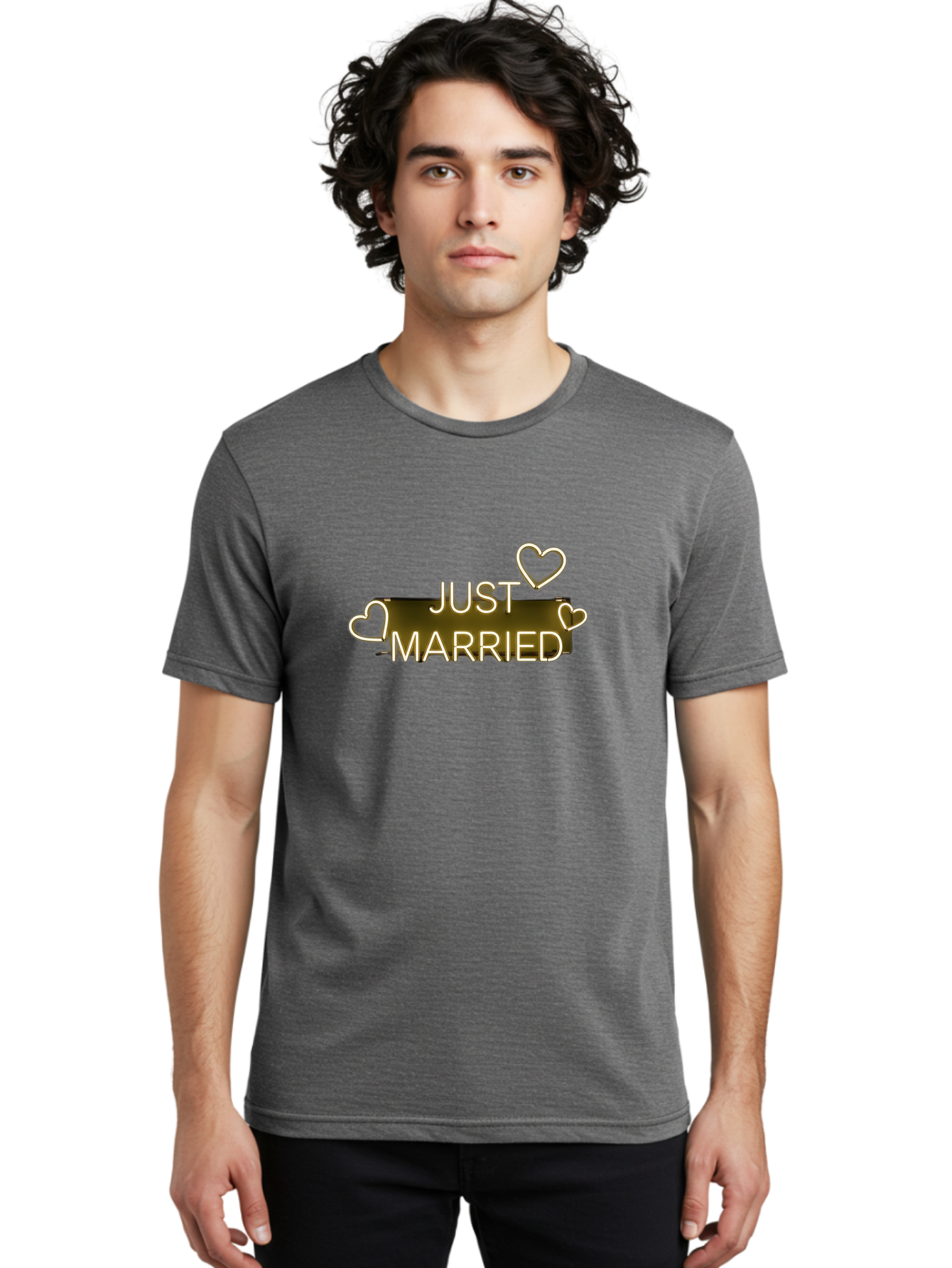 Just-Married-11 Men'S Graphic Tee, 100% Cotton, Comfortable Casual Summer Wear, Machine Washable, Just Married, Neon Sign, Heart Shaped Lights, Wedding Decor, Love Symbol, Romantic Ambiance, Glowing Hearts, Wedding Celebration, Marriage Bliss, Baa885 20